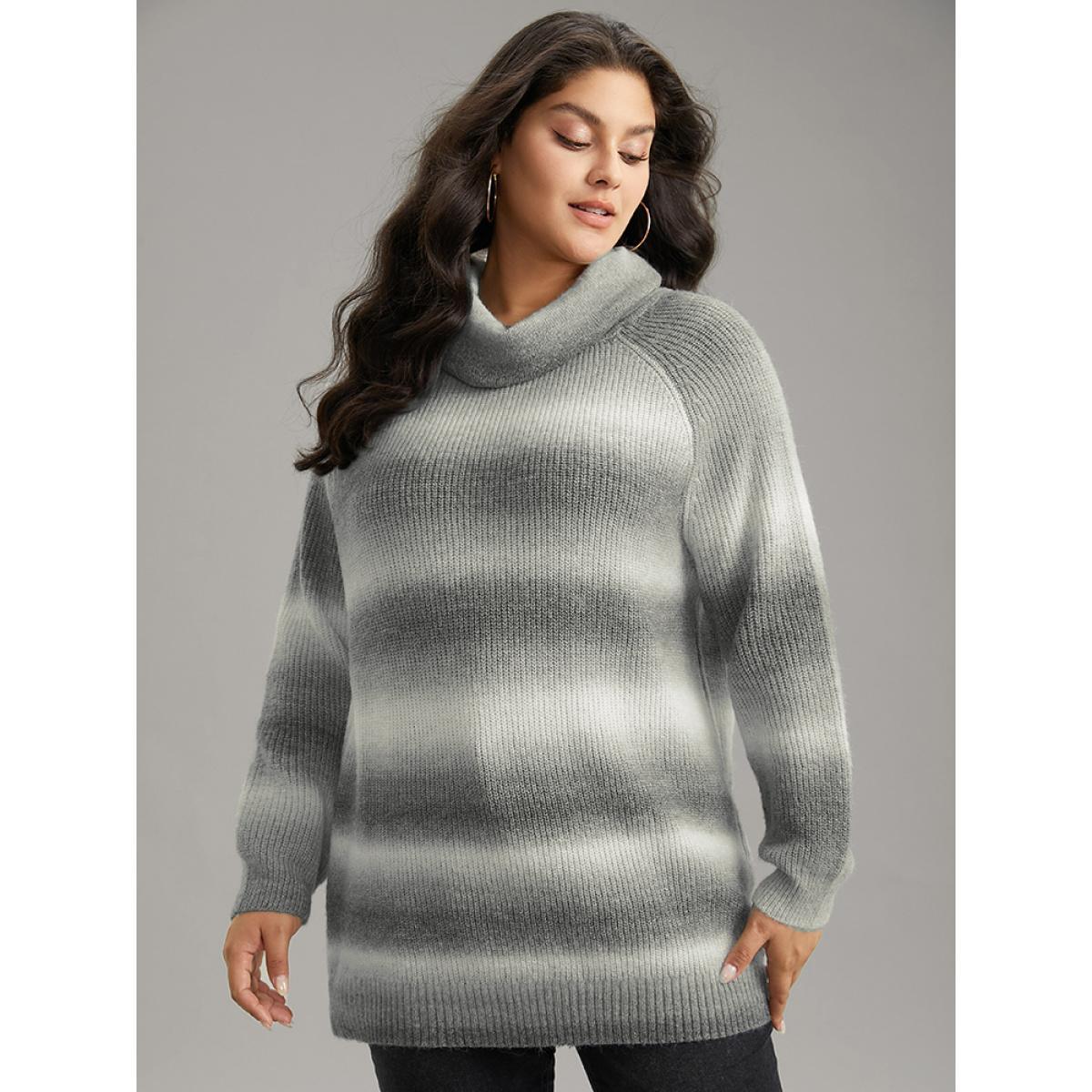 Plus Size Turtleneck Ombre Heather Raglan Sleeve Pullover Gray Women Casual Loose Long Sleeve Turtleneck Dailywear Pullovers BloomChic 28/5X Product Image