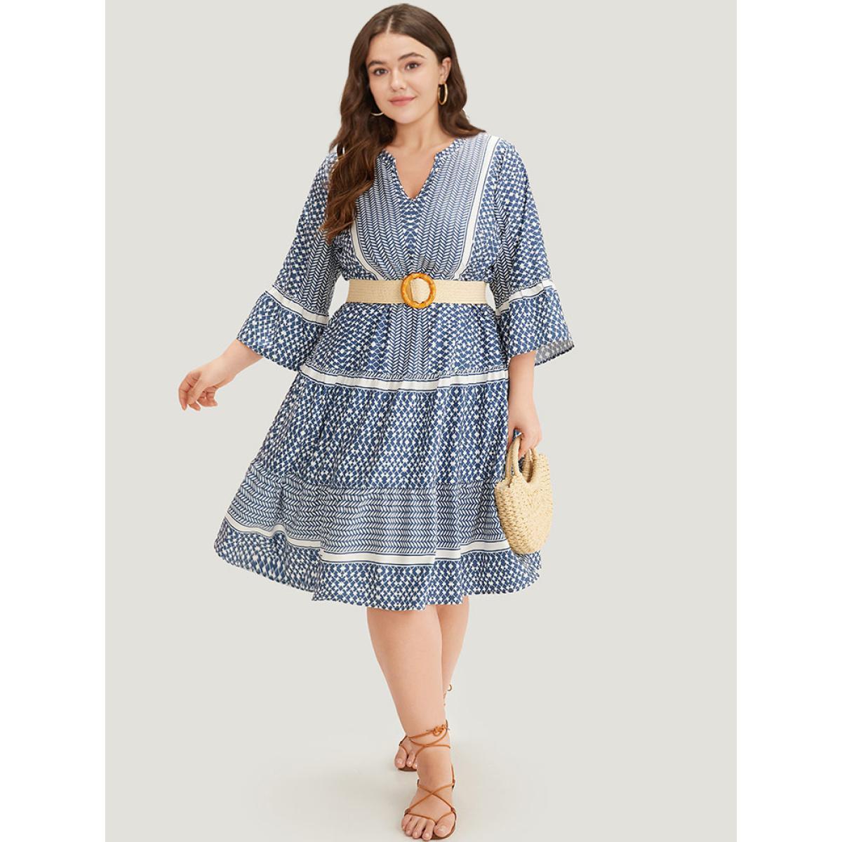 Plus Size Bandana Print Notched Pocket Patchwork Dress Stone Women Vacation Gathered Notched collar Elbow-length sleeve Curvy Midi Dress BloomChic 22-24/3X Product Image