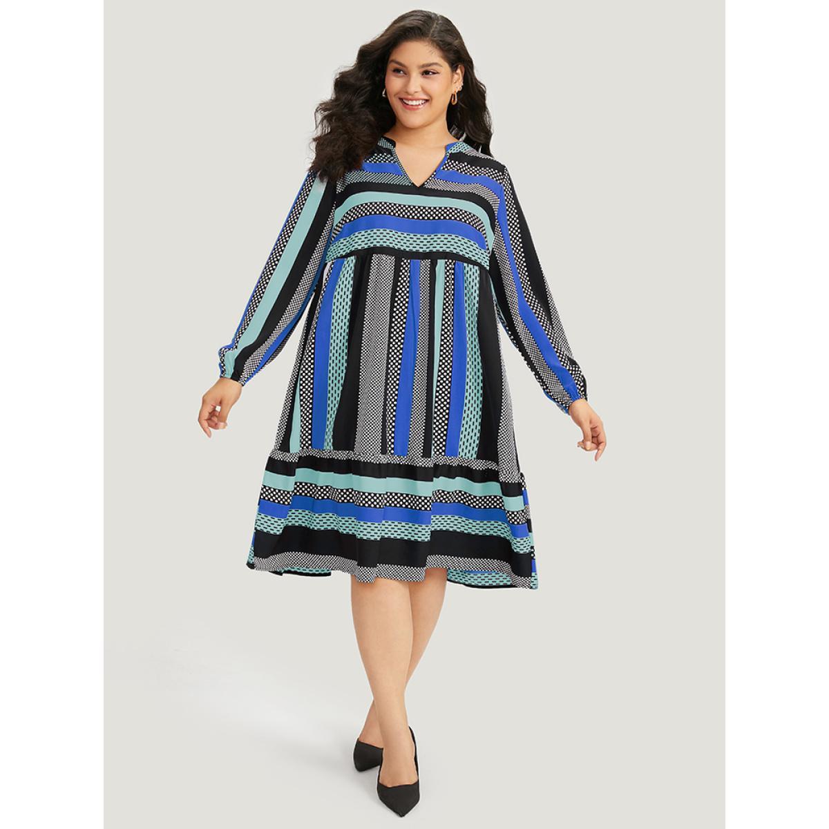 Plus Size Polka Dot & Striped Print Notched Pocket Dress Aegean Women Office Elastic cuffs Notched collar Long Sleeve Curvy Midi Dress BloomChic 12/L Product Image