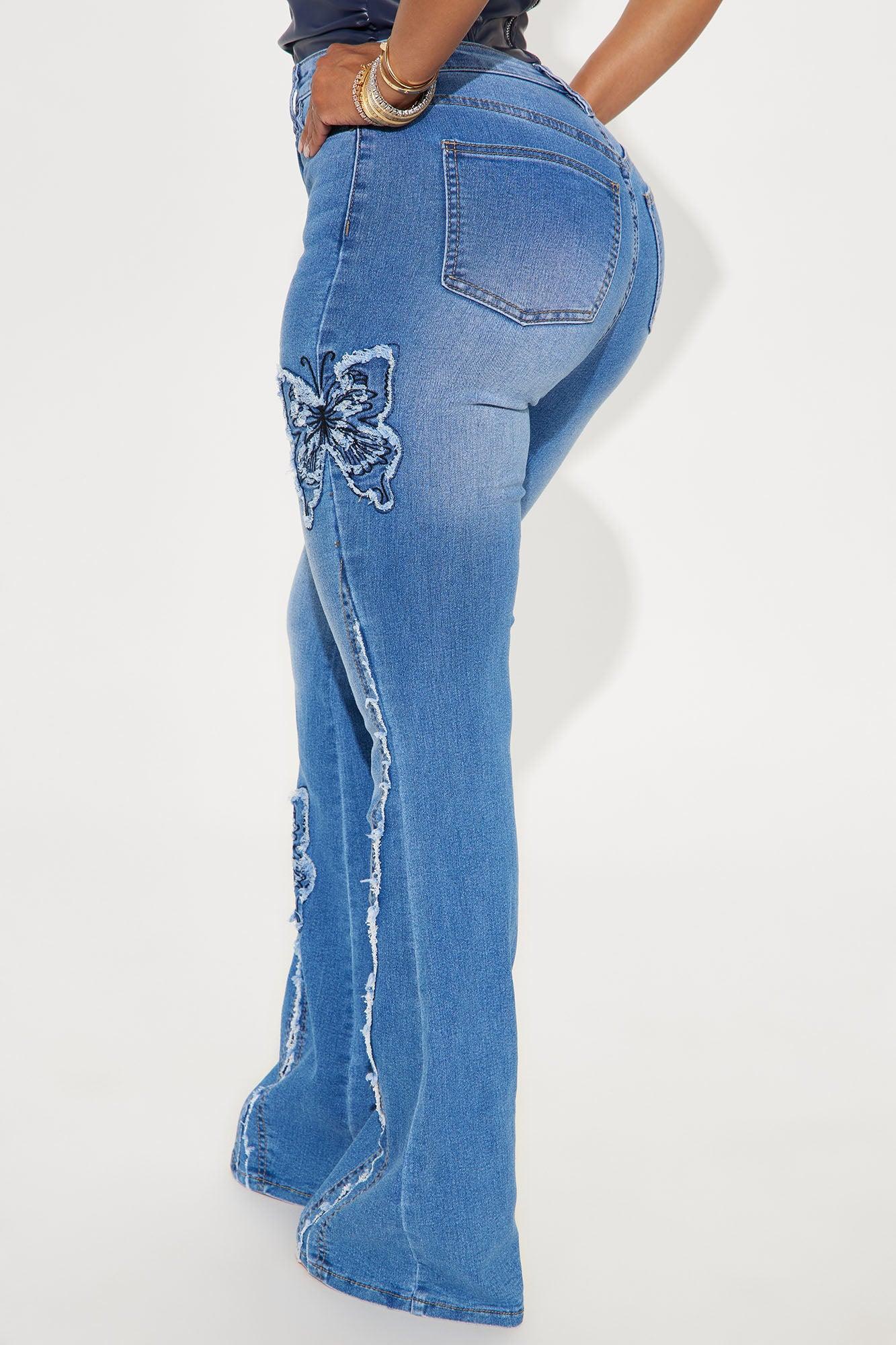 Fluttering Butterfly Embroidered Flare Jeans - Medium Wash Product Image