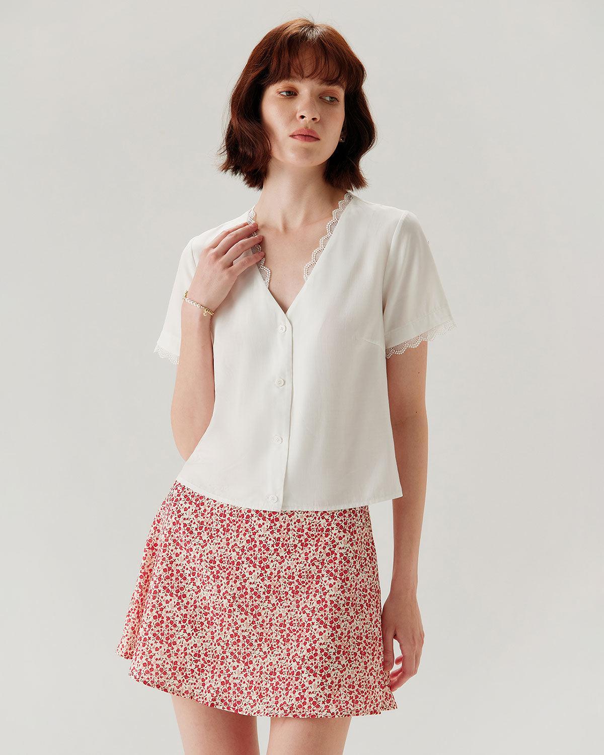 White Lace V-neck Blouse Product Image