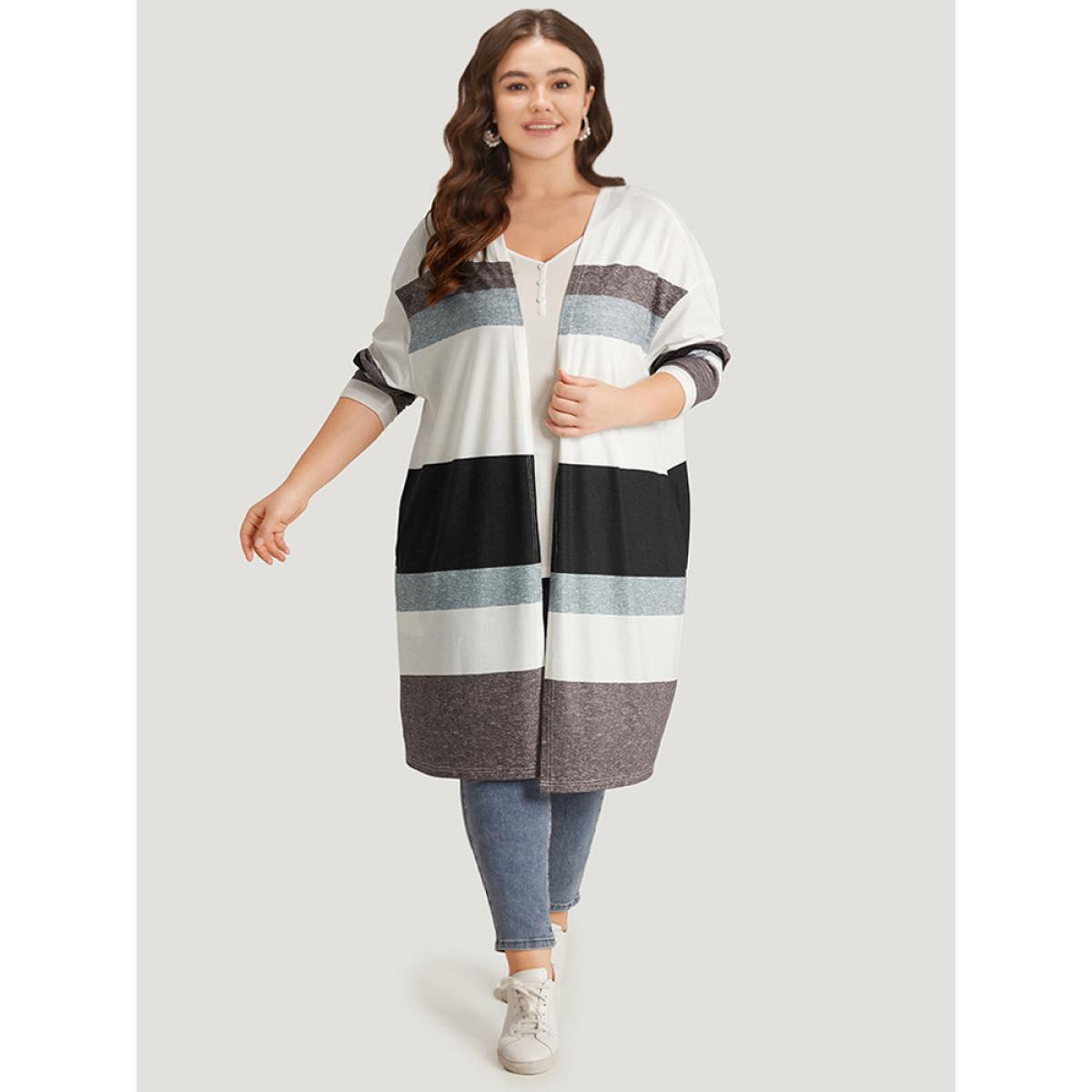 Plus Size Striped Contrast Pocket Open Front Kimono Women Multicolor Casual Contrast Loose Pocket Everyday Kimonos BloomChic 28/5X Product Image