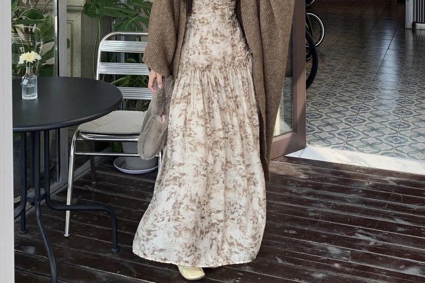 Plain Cardigan / Long-Sleeve V-Neck Floral Print Maxi A-Line Dress Product Image