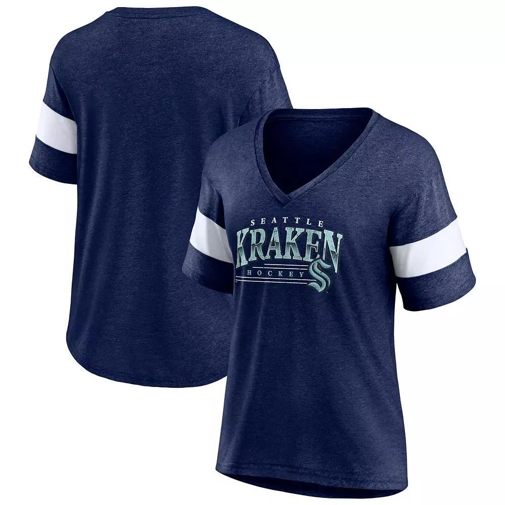 Women's Fanatics Heather Deep Sea Blue Seattle Kraken Clapper V-Neck Half-Sleeve T-Shirt, Size: Medium, Krk Blue Product Image