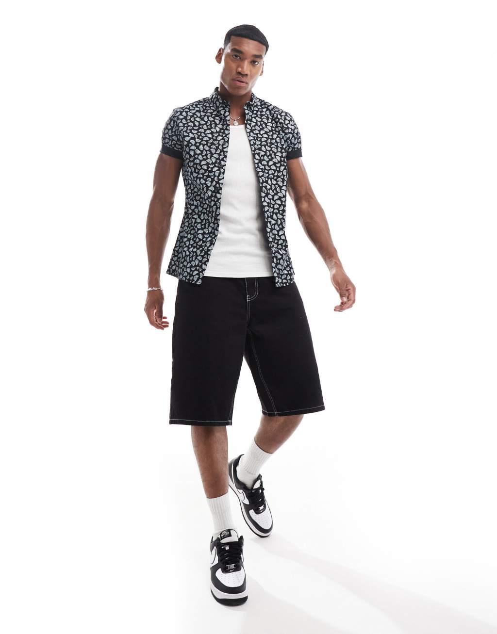 ASOS DESIGN slim shirt in navy fruit print Product Image