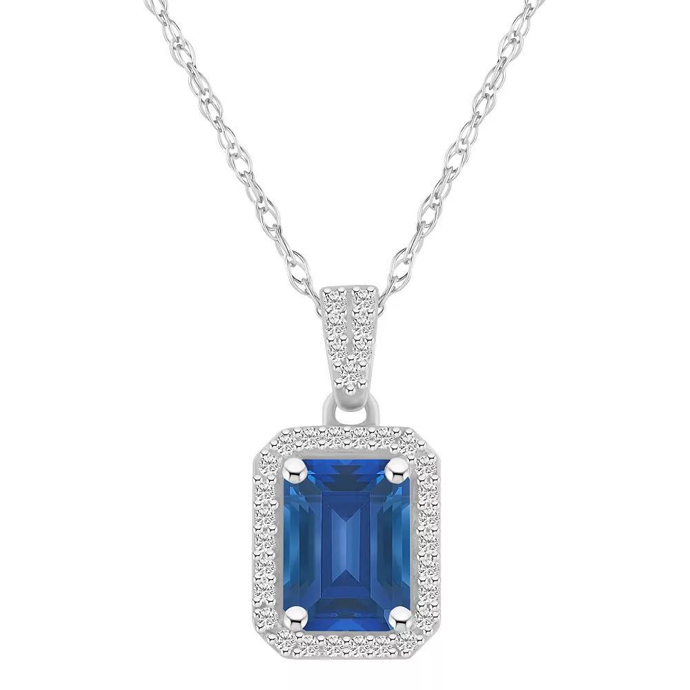 Celebration Gems 10k White Gold Emerald Cut Gemstone & Lab-Created White Sapphire Halo Pendant Necklace, Women's, Size: 18", Created Blue Product Image