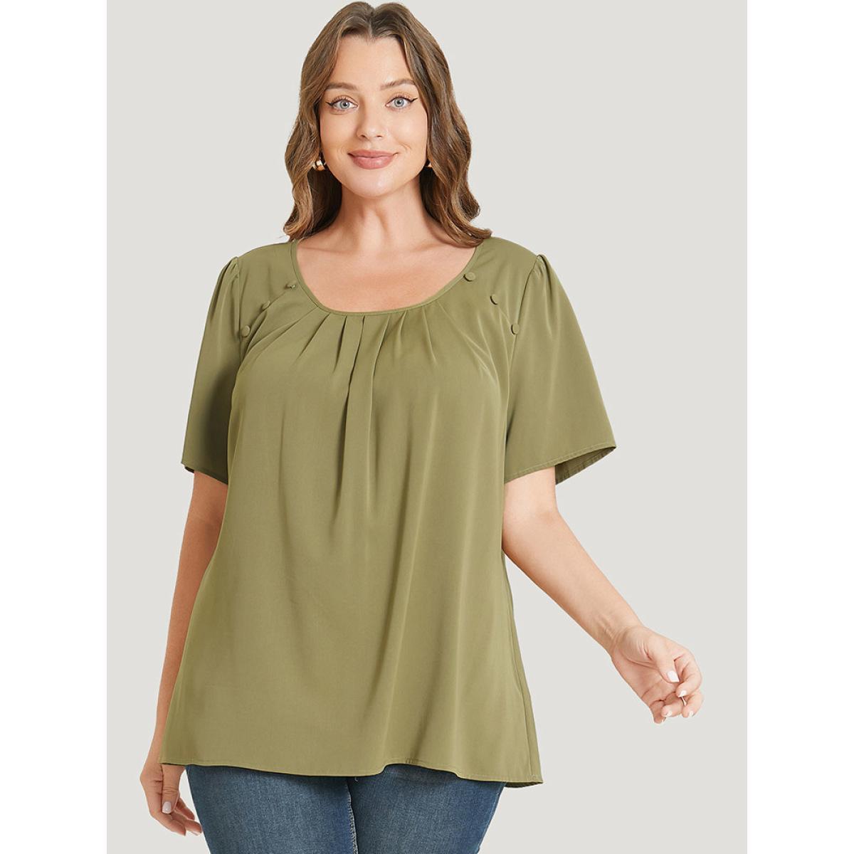 Plus Size SpringGreen Solid Pleated Button Detail Blouse Women Office Short sleeve Round Neck Work Blouses BloomChic 30/6X Product Image