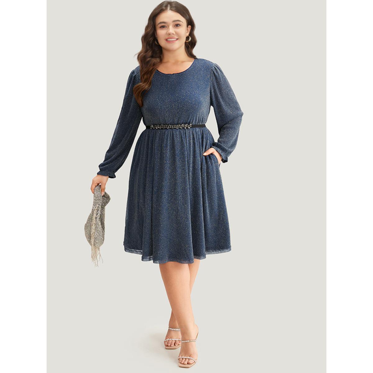 Plus Size Glitter Crew Neck Pocket Pleated Dress Aegean Women Party Elastic cuffs Round Neck Long Sleeve Curvy Midi Dress BloomChic 22-24/3X Product Image