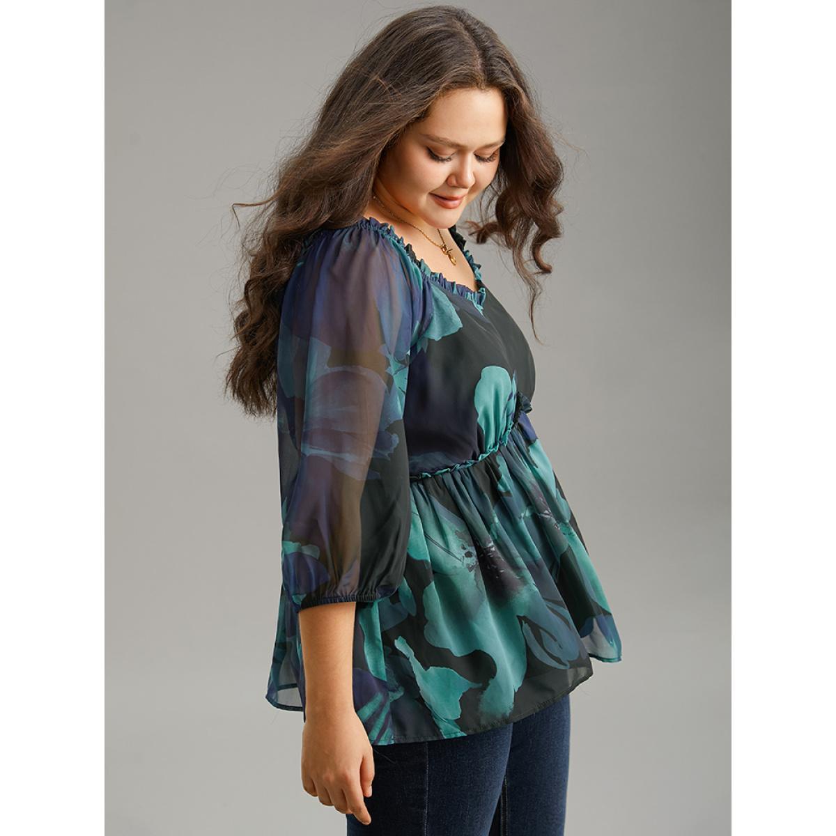 Plus Size Cyan Square Neck Floral Frill Trim Mesh Ruffles Blouse Women Elegant Elbow-length sleeve Square Neck Dailywear Blouses BloomChic 26/4X Product Image