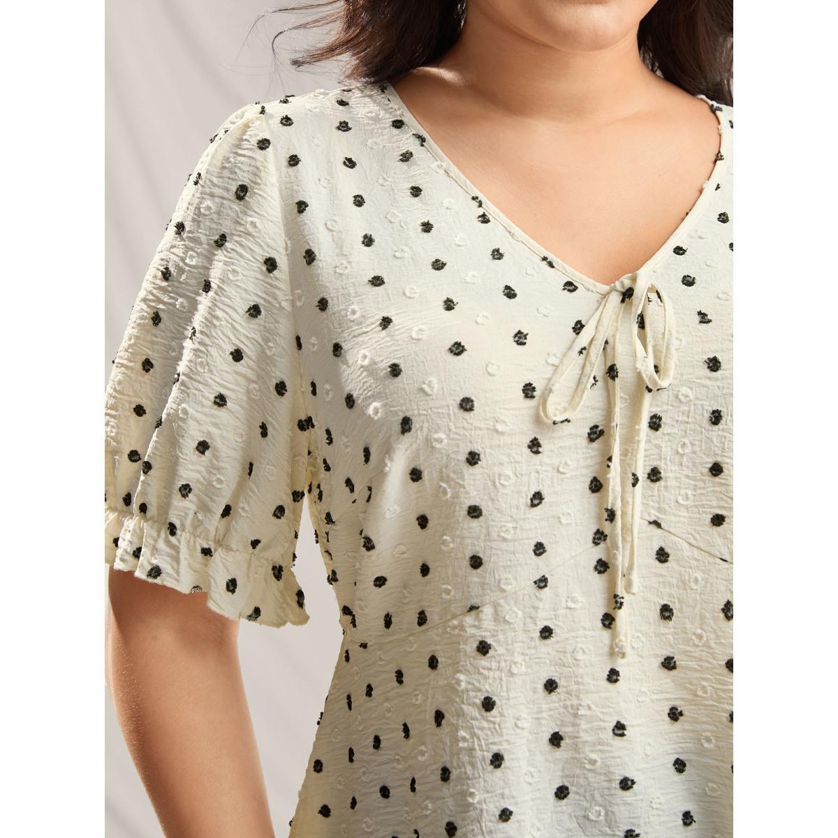 Plus Size Ivory Polka Dots Print Neck Tie Blouse Women Short sleeve V-neck Everyday-Elegant Blouses BloomChic 14-16/1X Product Image