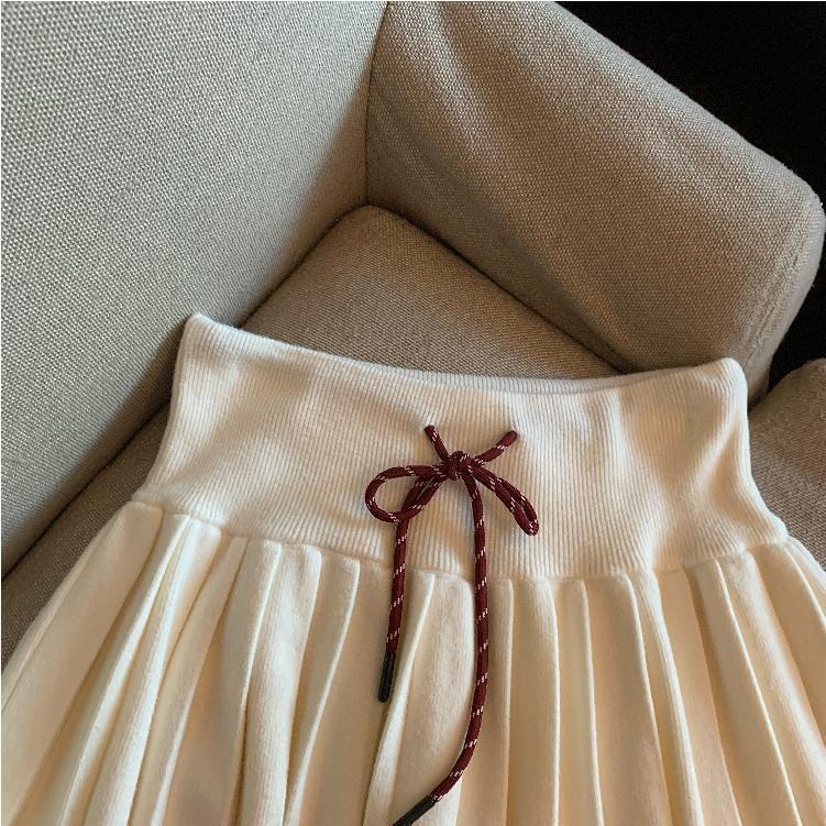 High Waist Plain Pleated Mini A-Line Knit Skirt Product Image