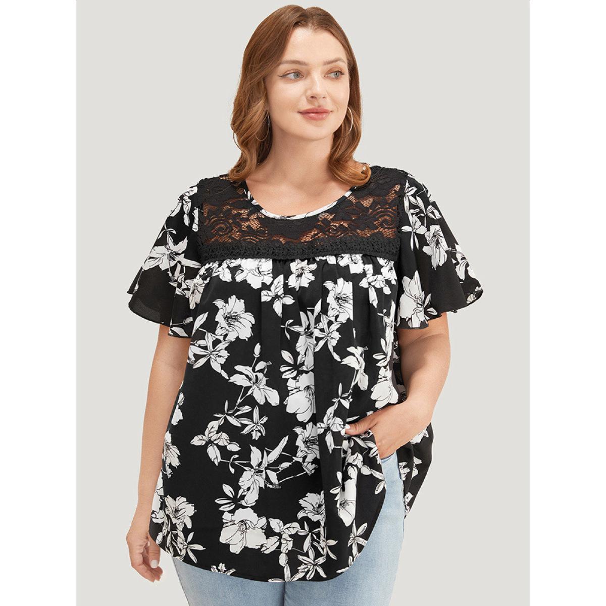 Plus Size BlackFlower Floral Print Gathered Lace Patchwork Blouse Women Elegant Short sleeve Round Neck Dailywear Blouses BloomChic 12/L Product Image