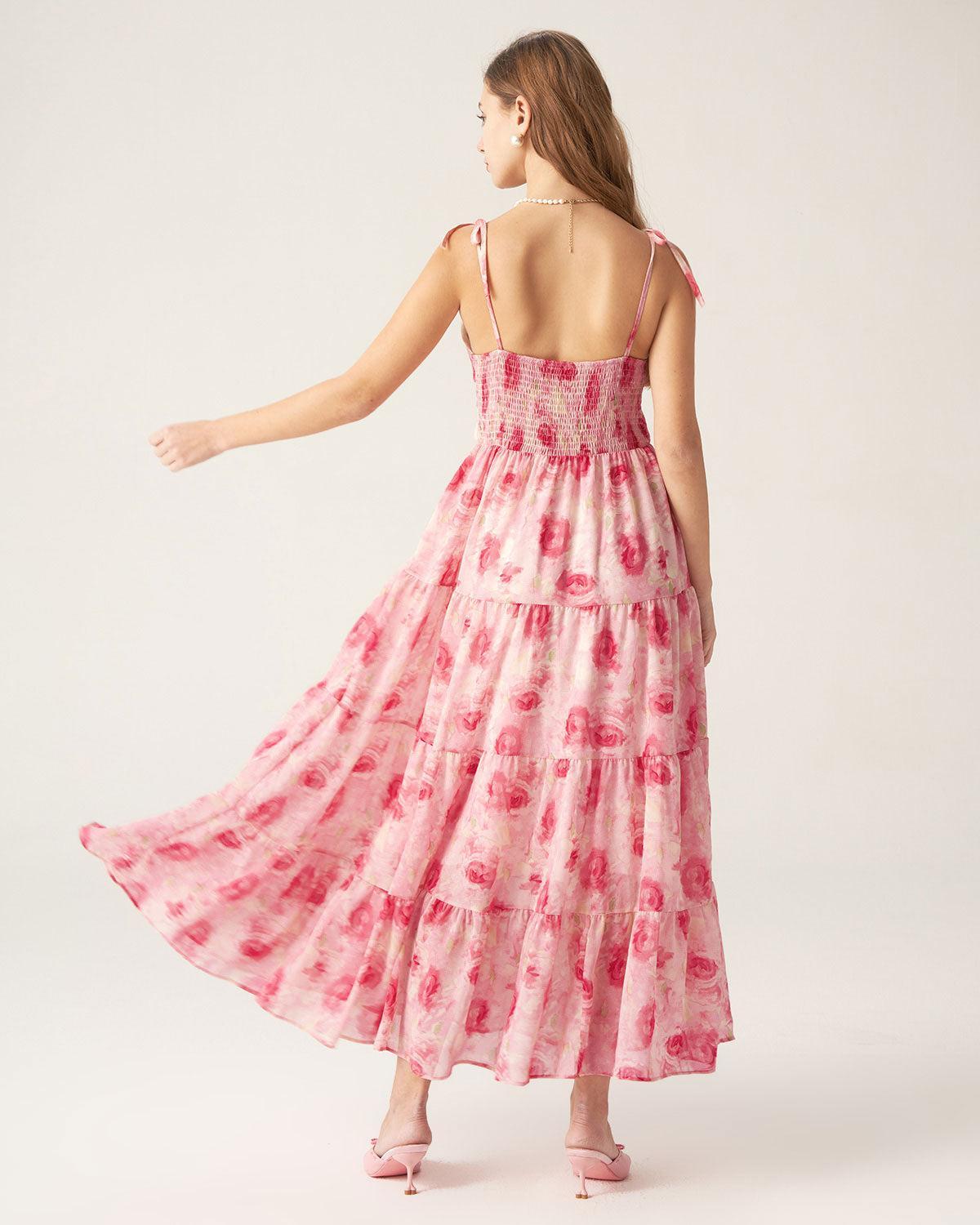 Pink Floral Tie Strap Midi Dress Product Image