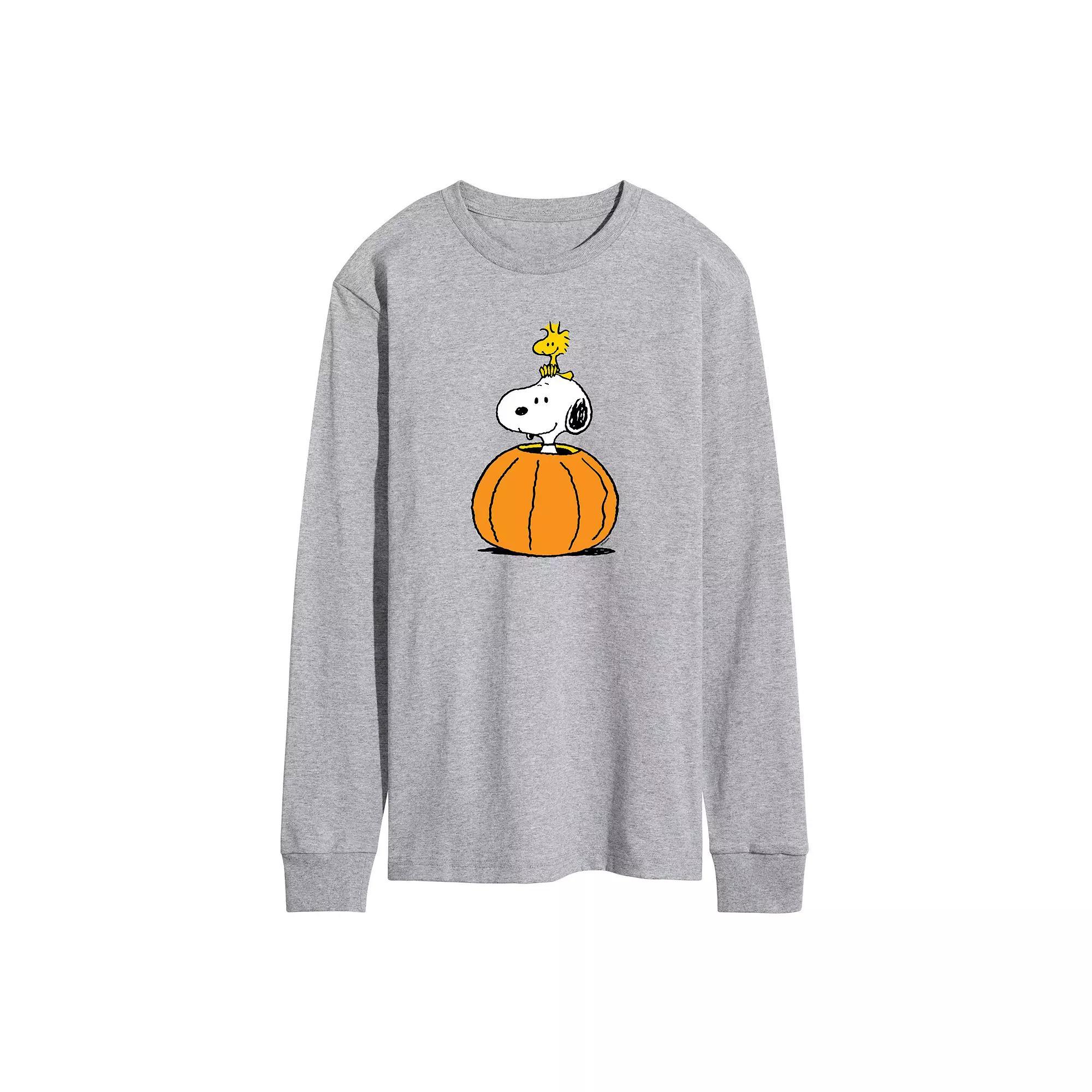 Mens Peanuts Snoopy Woodstock Pumpkin Long Sleeve Graphic Tee Grey Gray Product Image