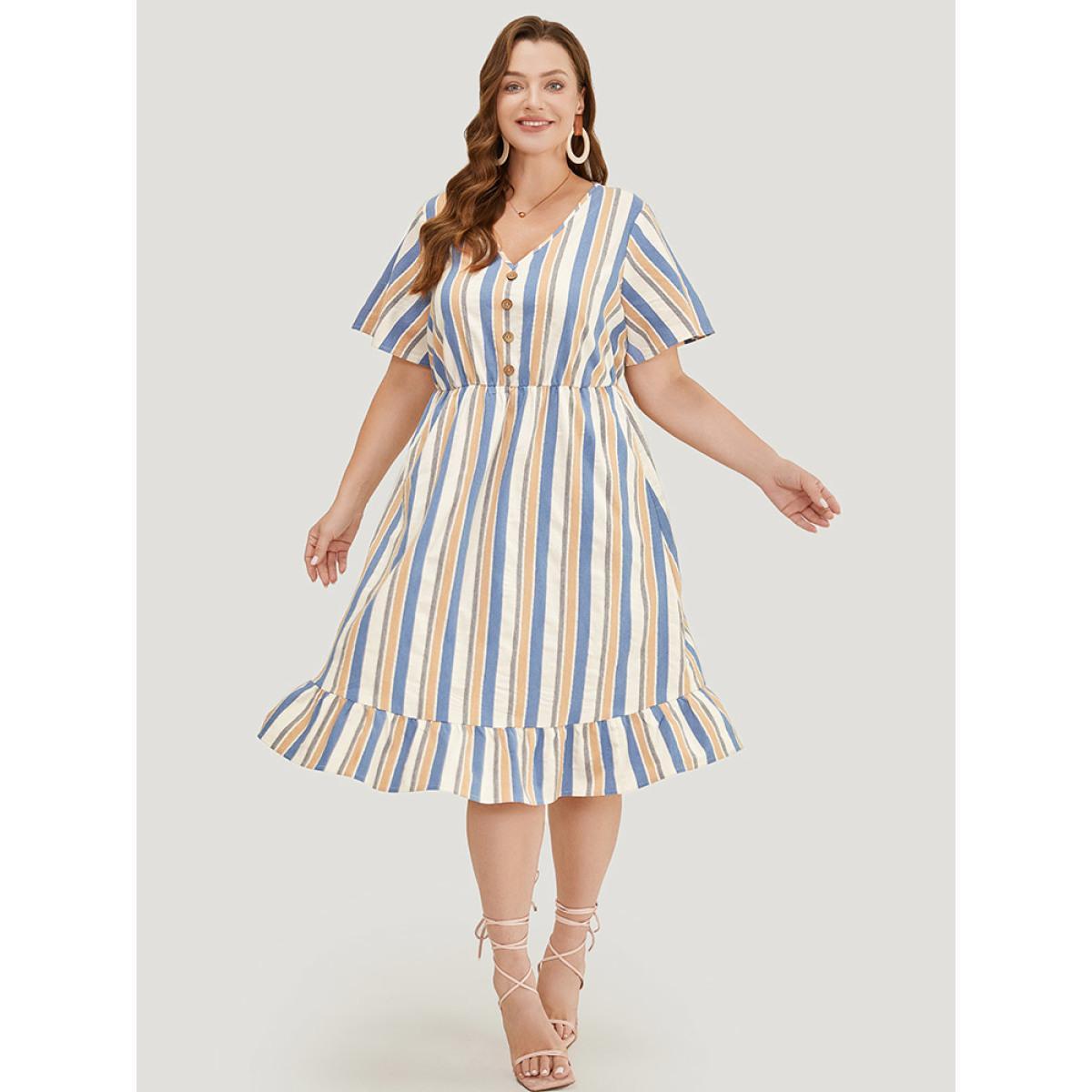 Plus Size Striped Print Button Detail Pocket Flutter Hem Dress Stone Women Vacation Contrast V-neck Short sleeve Curvy Midi Dress BloomChic 18-20/2X Product Image
