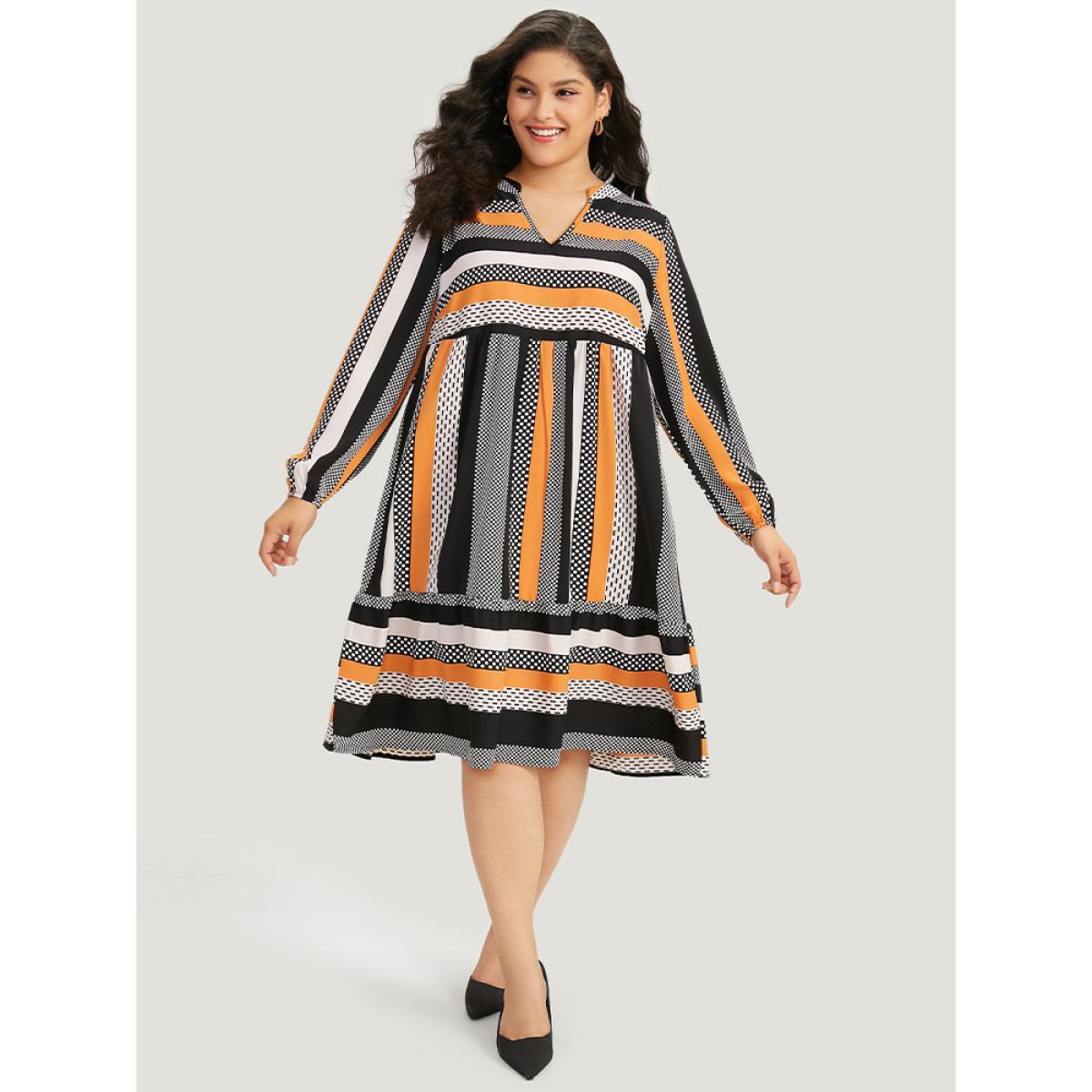 Plus Size Polka Dot & Striped Print Notched Pocket Dress Orange Women Office Elastic cuffs Notched collar Long Sleeve Curvy Midi Dress BloomChic 22-24/3X Product Image