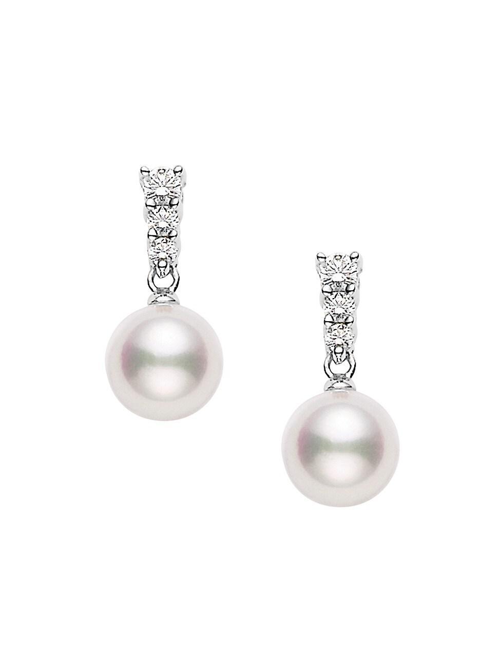Womens Morning Dew 8MM White Cultured Akoya Pearl, Diamond & 18K White Gold Drop Earrings Product Image