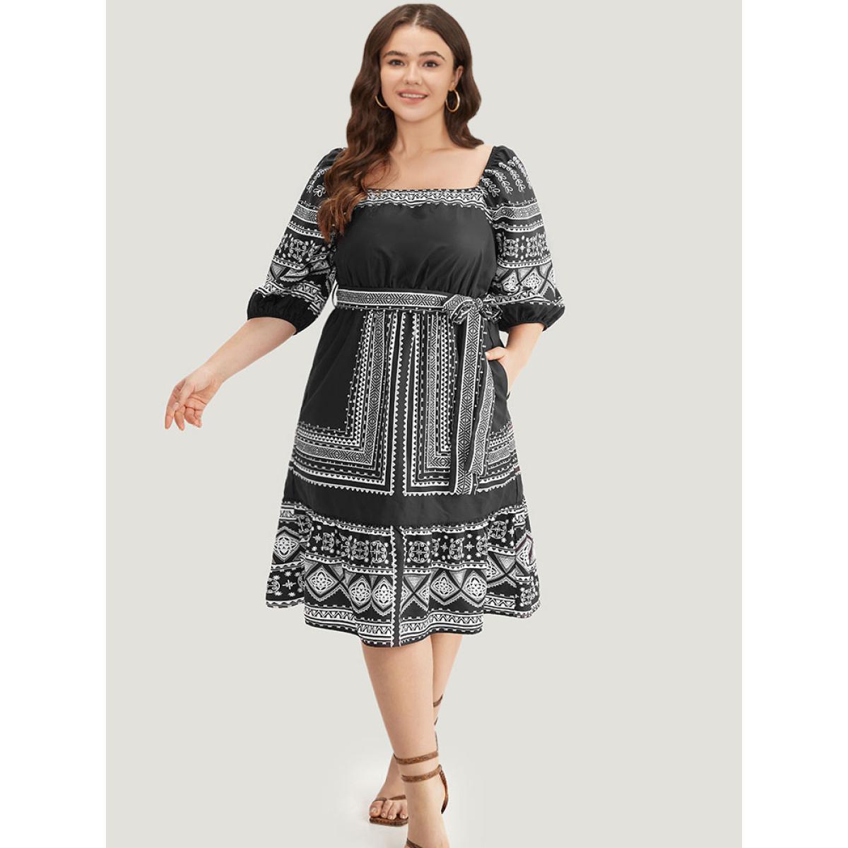 Plus Size Boho Print Square Neck Belted Dress Black Women Vacation Elastic cuffs Square Neck Elbow-length sleeve Curvy Midi Dress BloomChic 22-24/3X Product Image