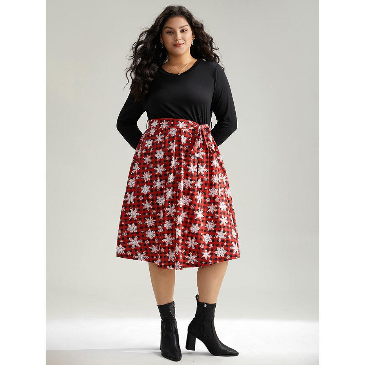 Plus Size Snowflake Print Belted Long Sleeve Dress Raspberry Women Elegant Belted Round Neck Long Sleeve Curvy Midi Dress BloomChic 18-20/2X Product Image
