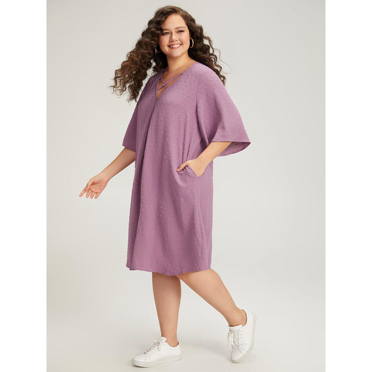 Plus Size Plain Textured Plicated Detail Crisscross Ruffle Sleeve Dress Lilac Women Casual Texture V-neck Half Sleeve Curvy Midi Dress BloomChic 28/5X Product Image