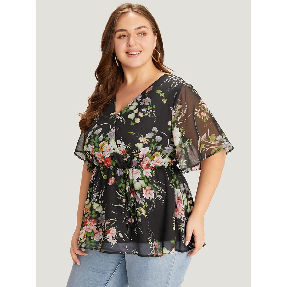 Plus Size BlackFlower Floral Wrap Mesh Sleeve Blouse Women Elegant Half Sleeve V-neck Dailywear Blouses BloomChic 28/5X Product Image