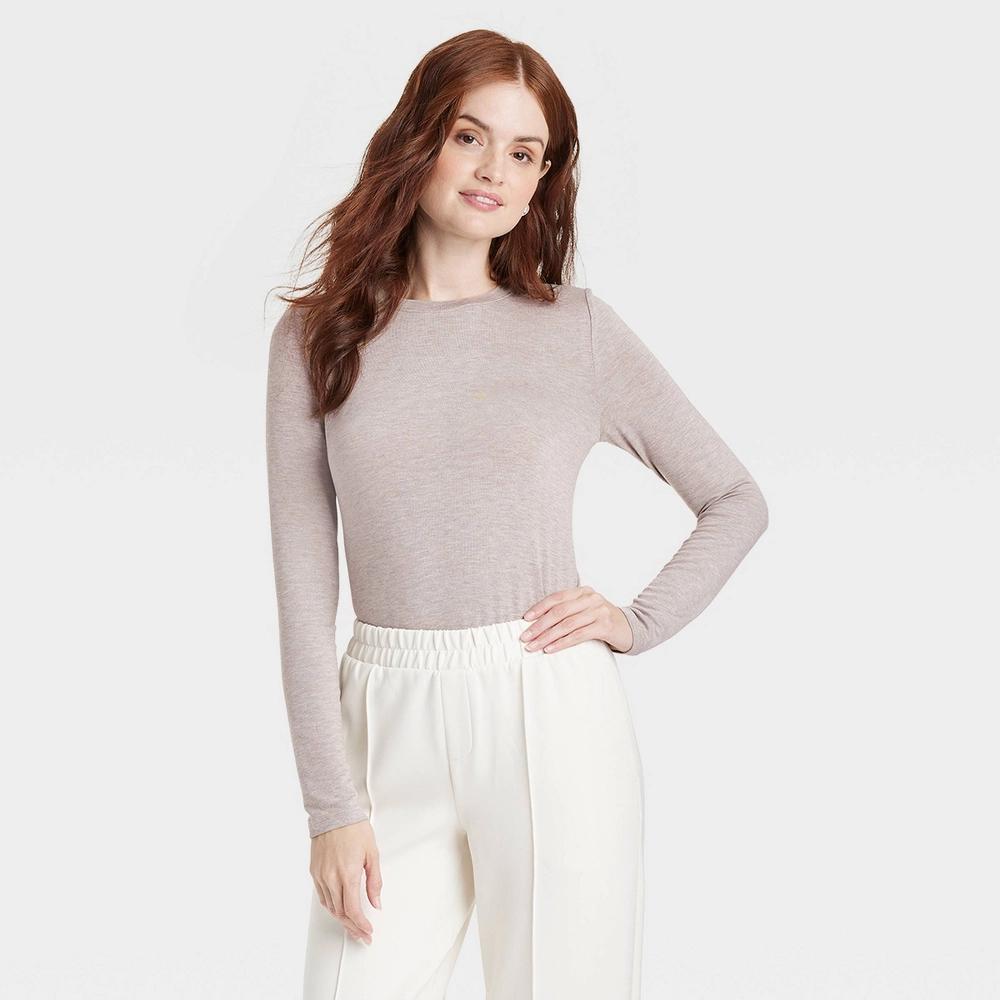 Womens Long Sleeve Brushed Knit T-Shirt - A New Day Beige XL Product Image