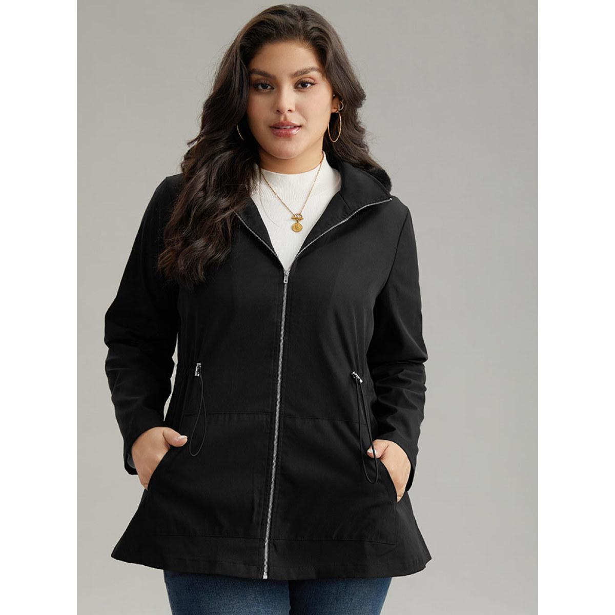 Plus Size Plain Zipper Hooded Pocket Drawstring Coat Women Black Casual Plain Ladies Dailywear Winter Coats BloomChic 26/4X Product Image