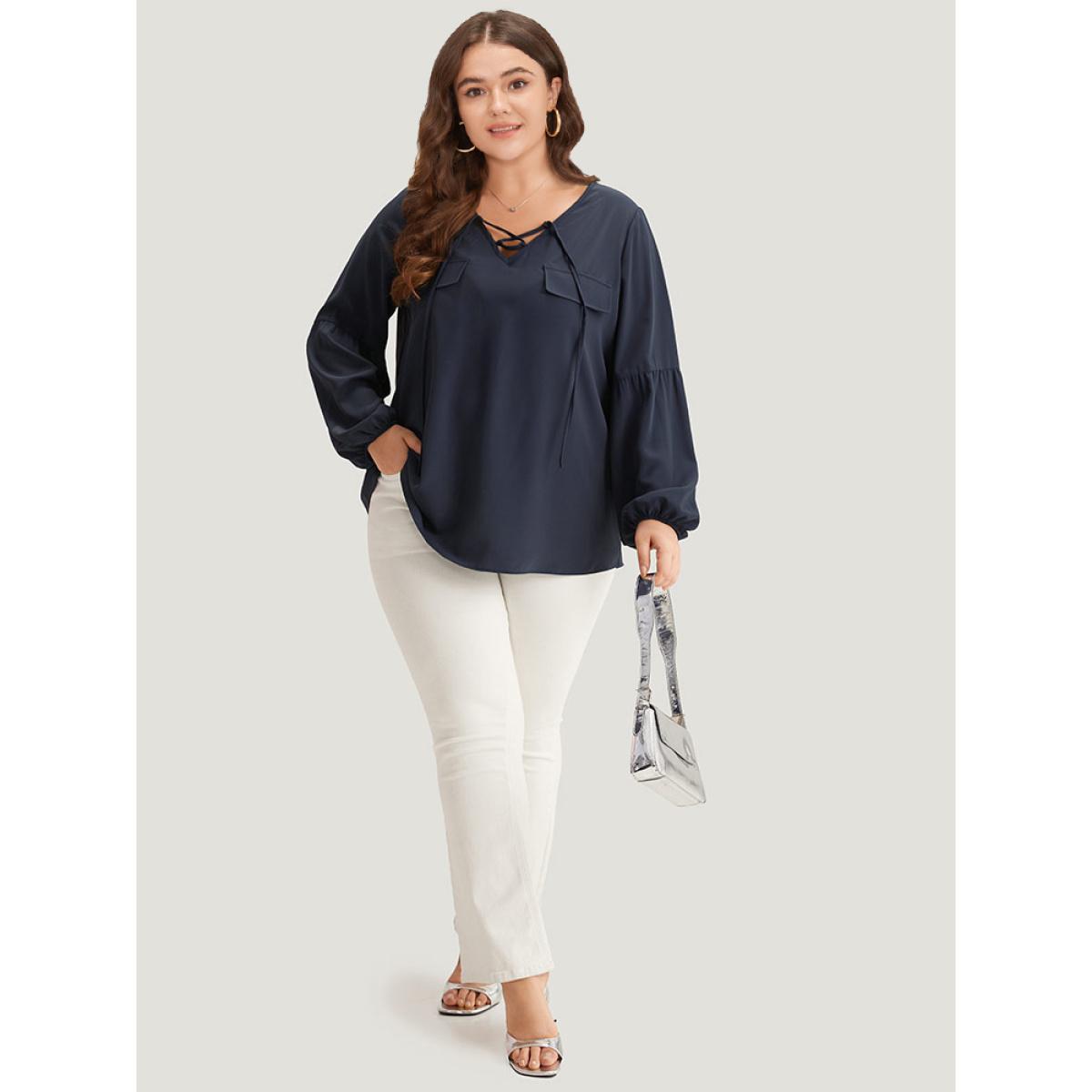 Plus Size Indigo Solid Elastic Cuffs Lace Up Blouse Women Office Long Sleeve V-neck Work Blouses BloomChic 22-24/3X Product Image