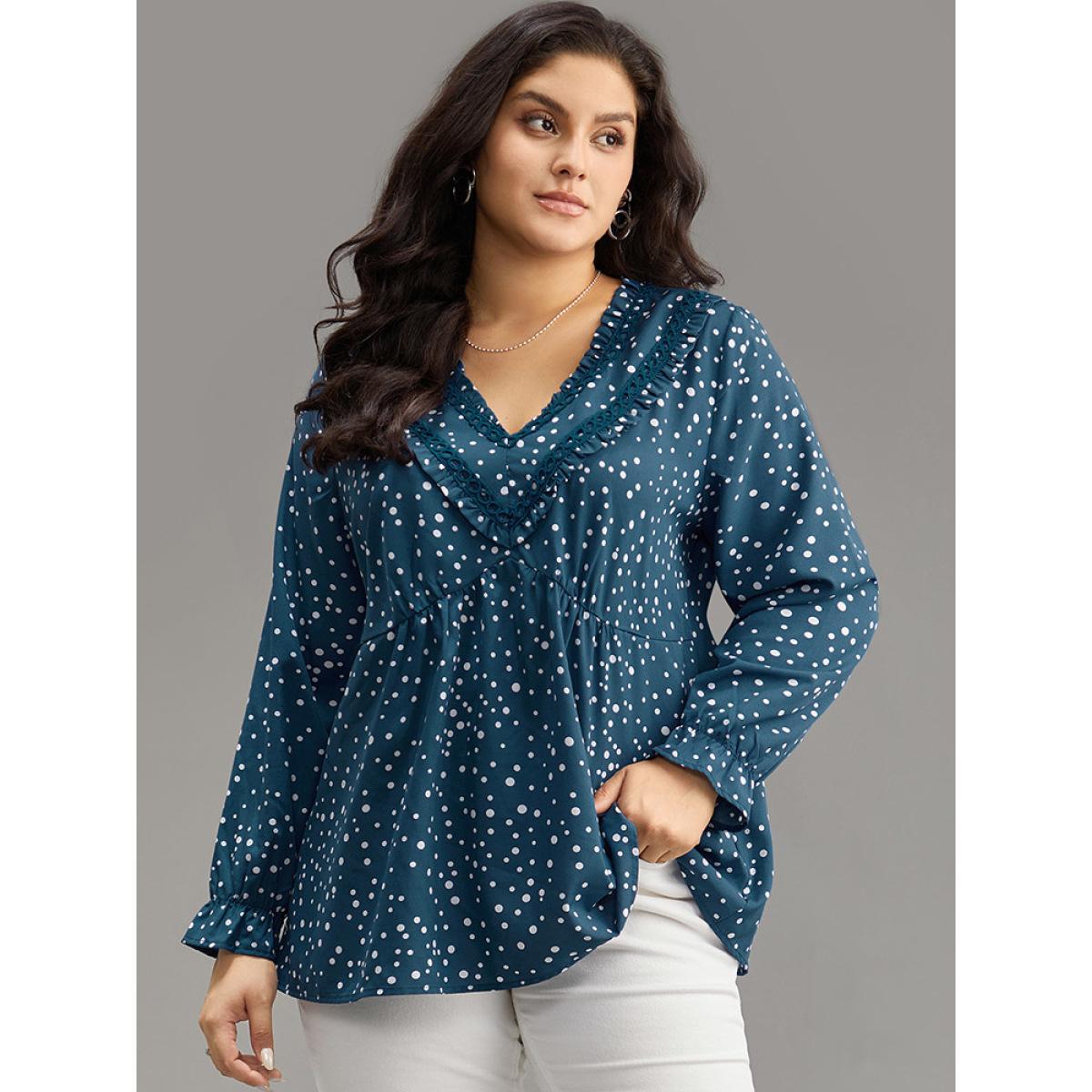 Plus Size Aegean Guipure Lace Polka Dot Blouse Women Elegant Long Sleeve V-neck Dailywear Blouses BloomChic 28/5X Product Image