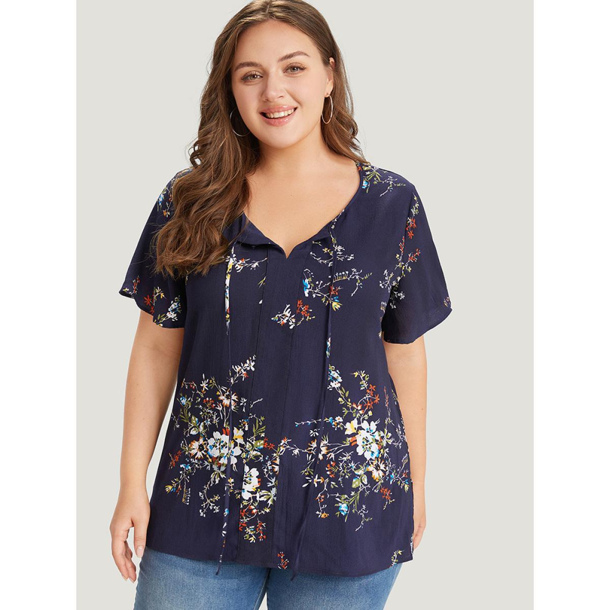 Plus Size Blue Floral Print Knot Neck Blouse Women Elegant Short sleeve Tie Neck Dailywear Blouses BloomChic 22-24/3X Product Image