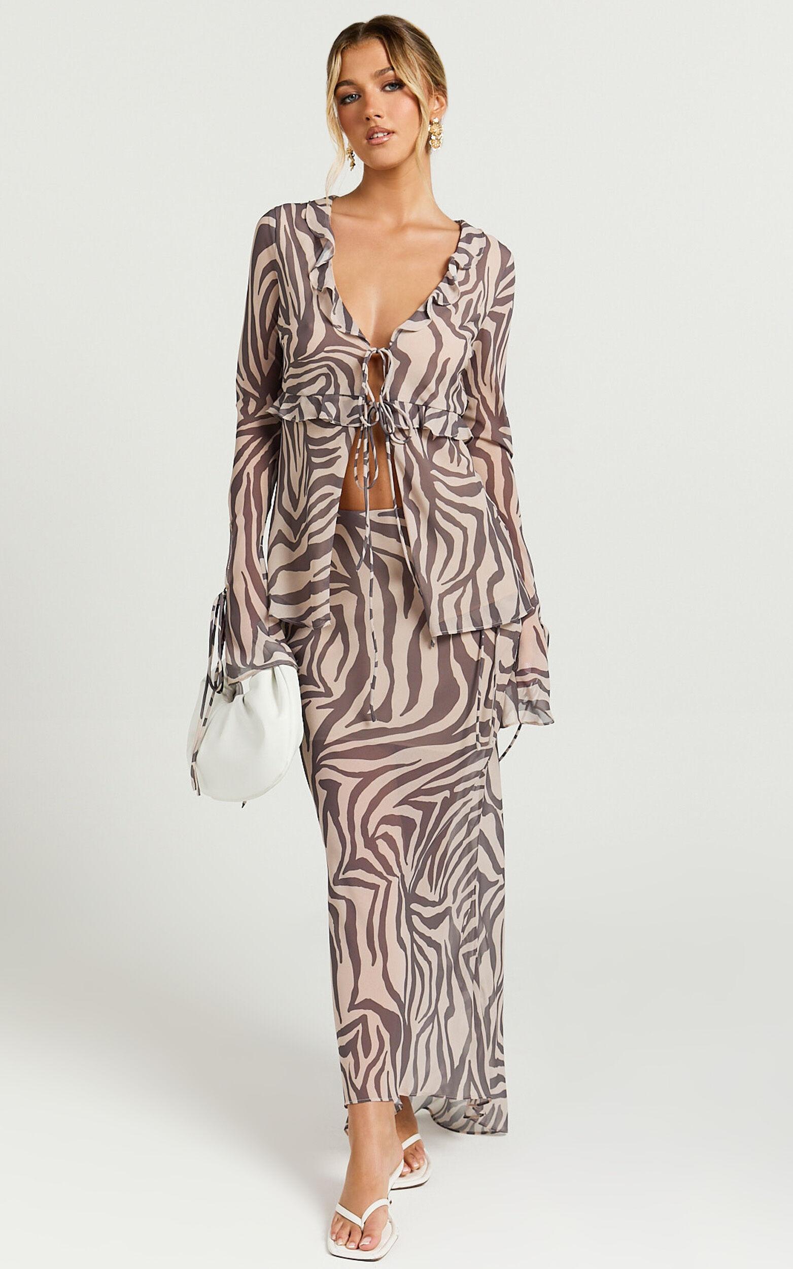 Rita Top - Georgette Tie Front Flared Sleeve Top in Abstract Zebra Print Product Image