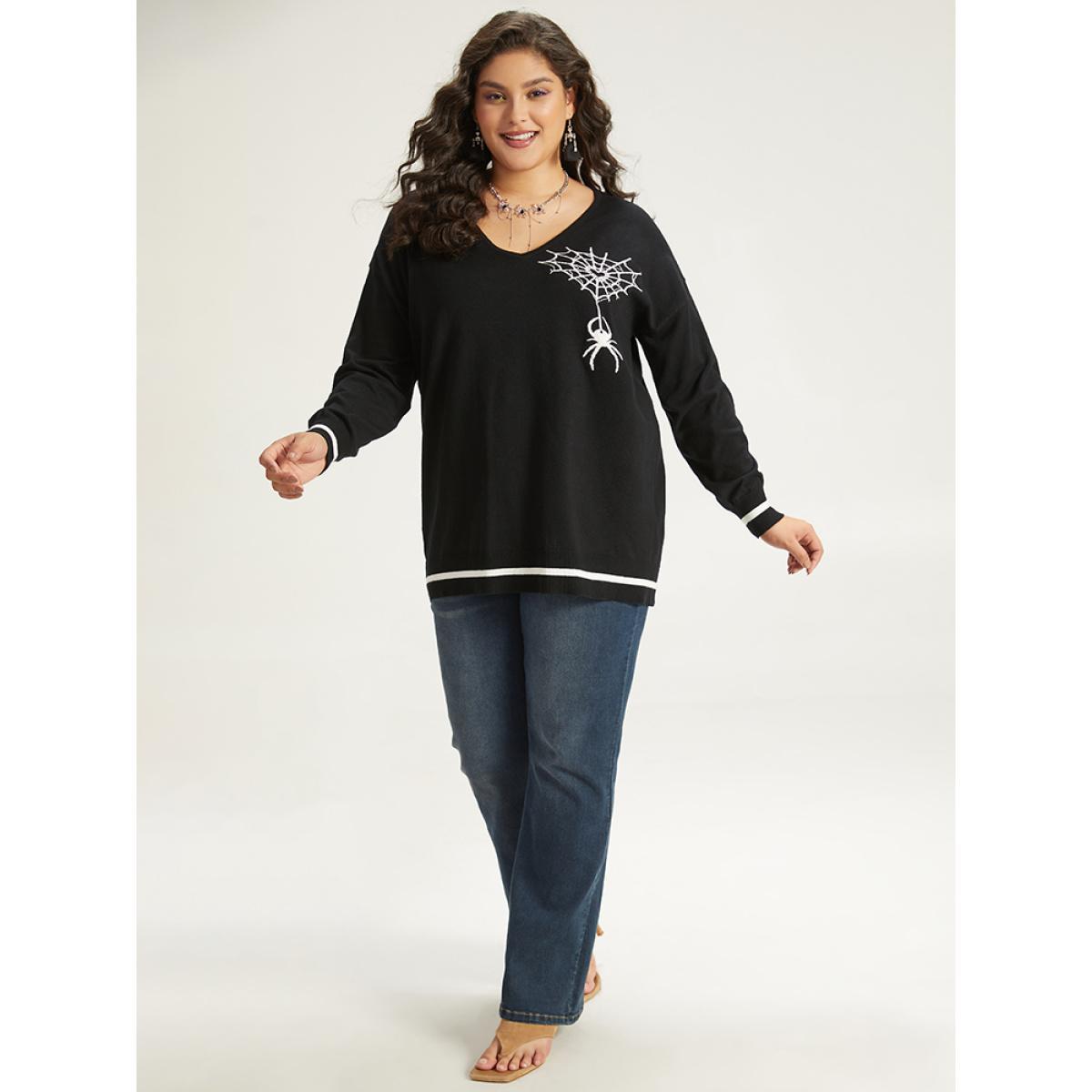 Plus Size Halloween Supersoft Essentials Spider Web Print Contrast Trim Pullover Black Women Casual Loose Long Sleeve V-neck Festival-Halloween Pullovers BloomChic 26/4X Product Image