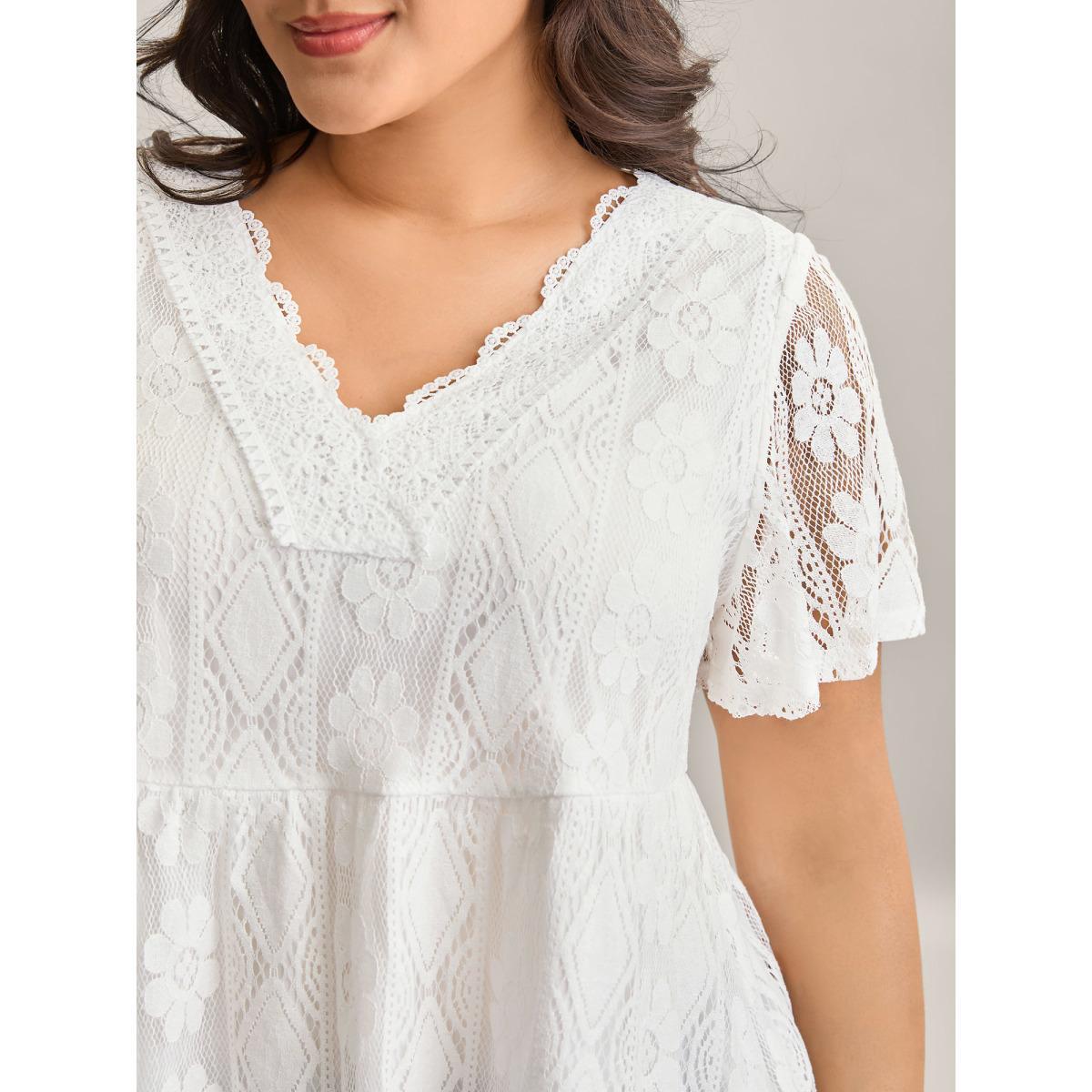 Plus Size V Neck Lace Mesh Plain T-Shirt Originalwhite Women Woven ribbon&lace trim V-neck Bodycon Everyday-Elegant T-shirts BloomChic 12/L Product Image