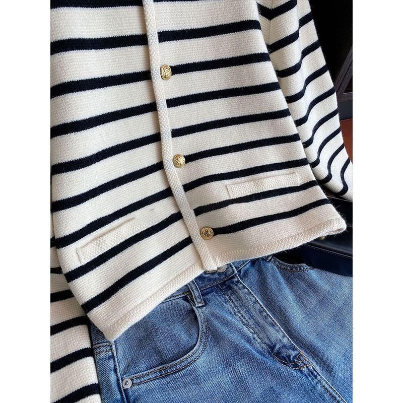 Crew Neck Striped Button-Up Cardigan Product Image