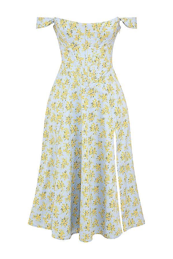 Saira Soft Blue Vintage Floral Print Cotton Midi Sundress Product Image