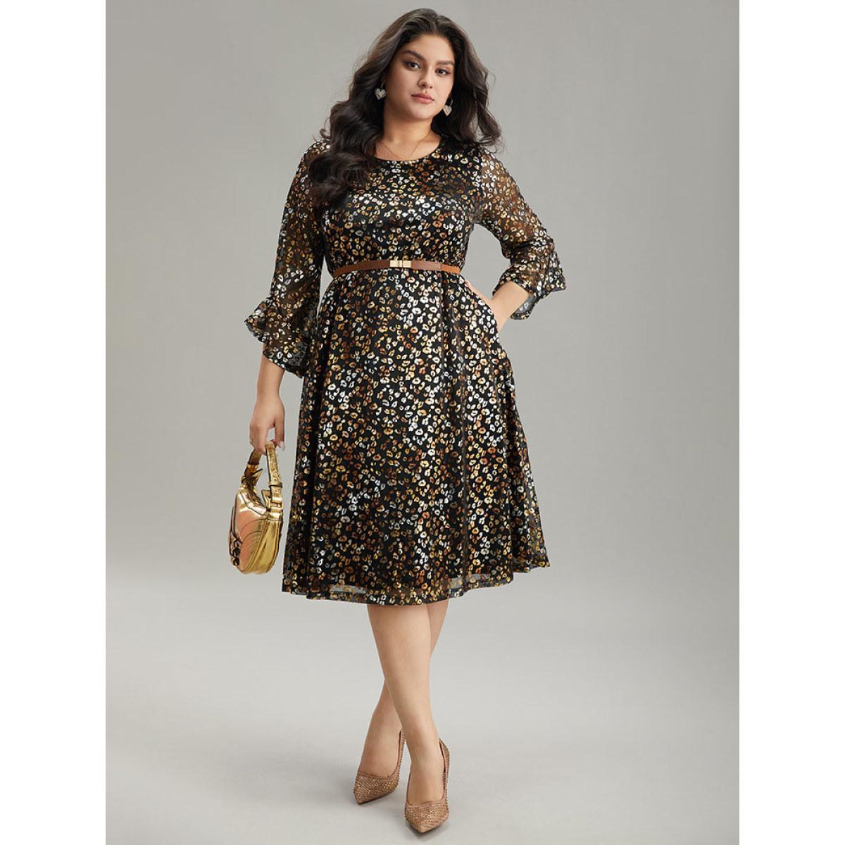 Plus Size Leopard Glitter Bell Sleeve Mesh Dress Black Women Party See through Round Neck Elbow-length sleeve Curvy Midi Dress BloomChic 26/4X Product Image