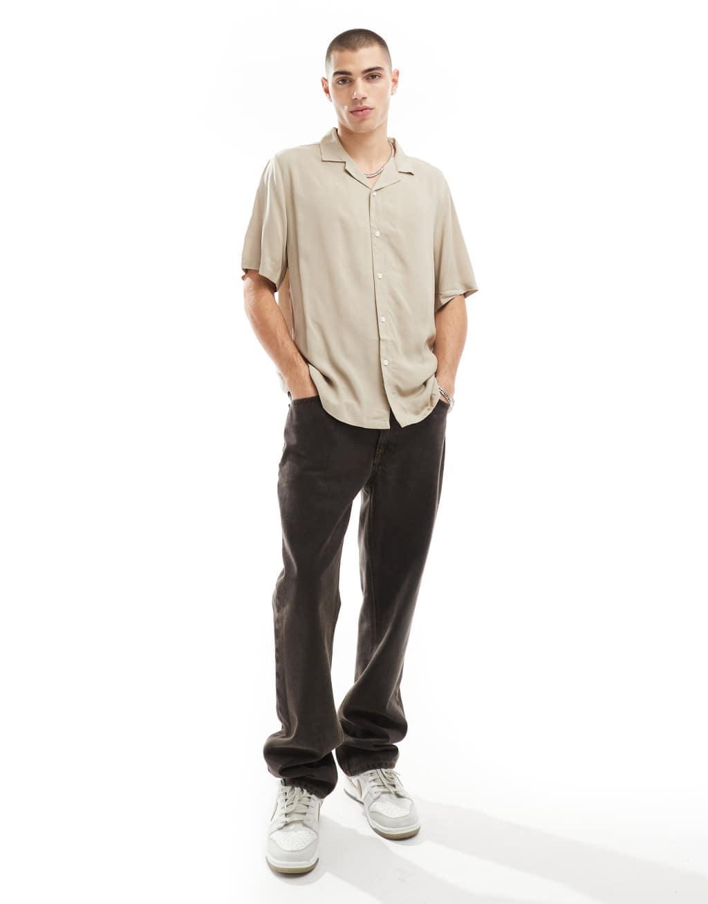 ASOS DESIGN relaxed fit viscose shirt with revere collar in stone Product Image