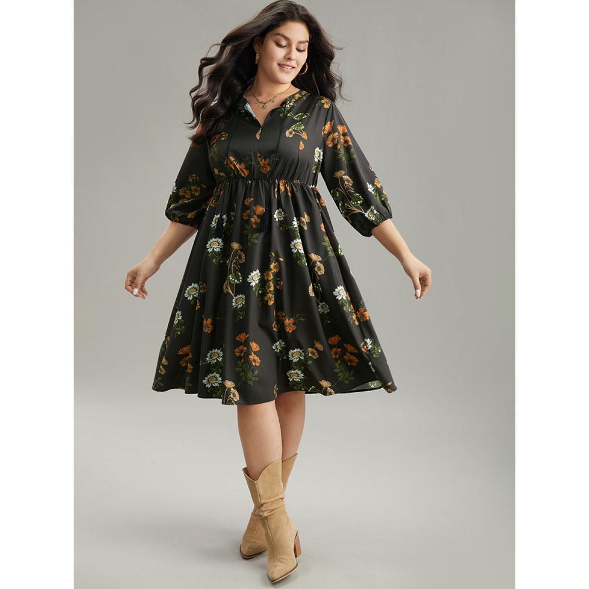 Plus Size Floral Tassel Trim Gathered Knot Neck Dress Black Women Vacation Elastic cuffs Tie Neck Elbow-length sleeve Curvy Knee Dress BloomChic 28/5X Product Image