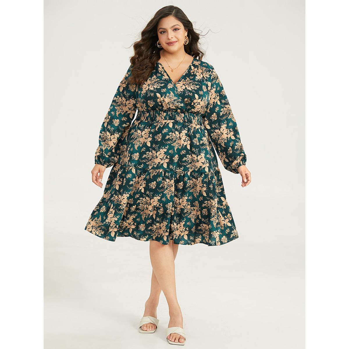 Plus Size Silhouette Floral Print Surplice Neck Shirred Dress Cyan Women Elegant Elastic cuffs V-neck Long Sleeve Curvy Midi Dress BloomChic 28/5X Product Image