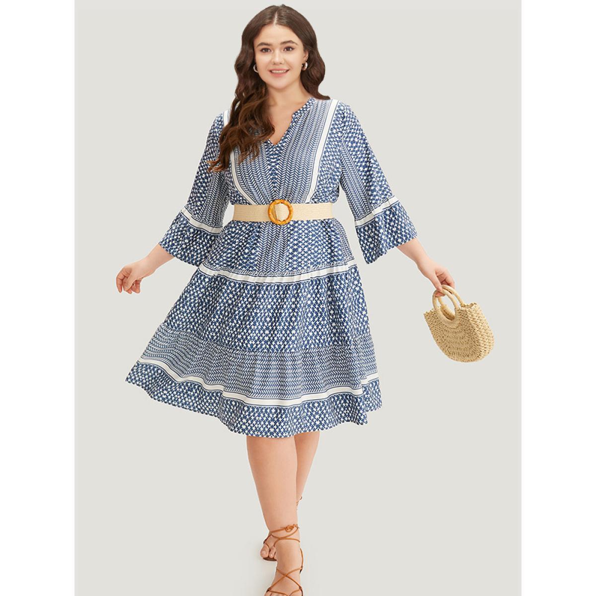 Plus Size Bandana Print Notched Pocket Patchwork Dress Stone Women Vacation Gathered Notched collar Elbow-length sleeve Curvy Midi Dress BloomChic 22-24/3X Product Image