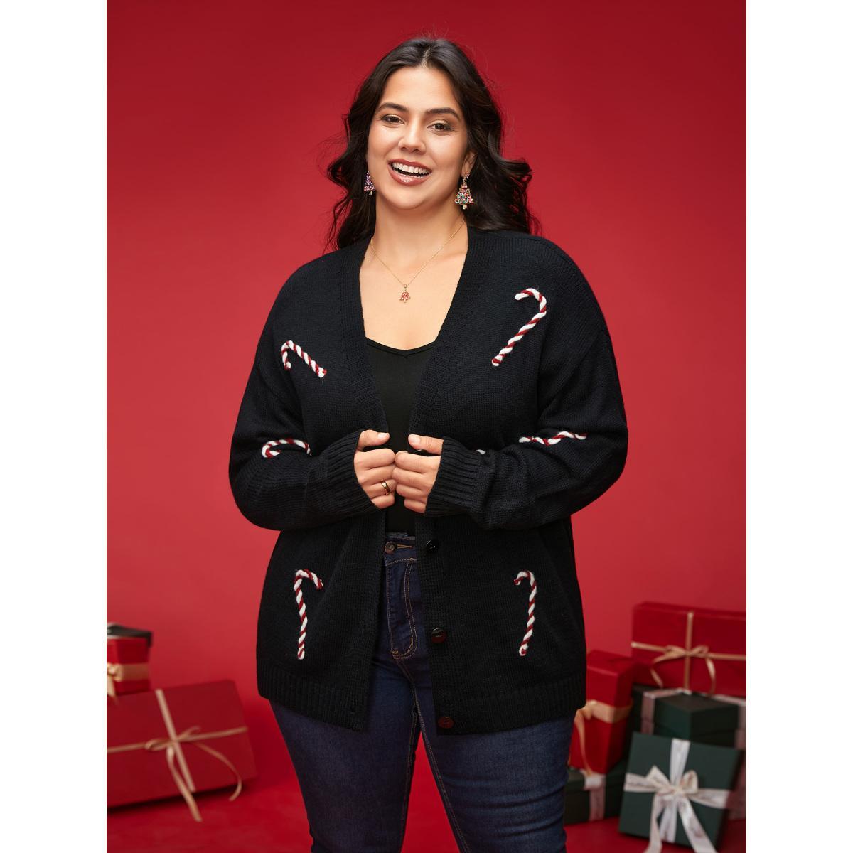 Plus Size Hand Crocheted Candy Cane V-neck Cardigan Black Women Casual Loose Long Sleeve Everyday Cardigans BloomChic 12/L Product Image