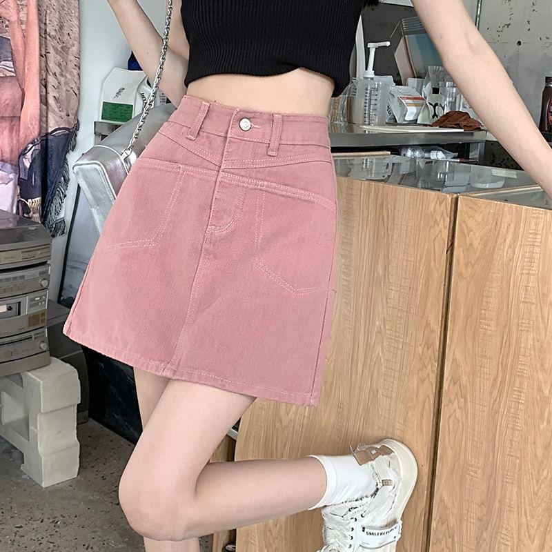 High Rise Washed Mini A-Line Denim Skirt Product Image