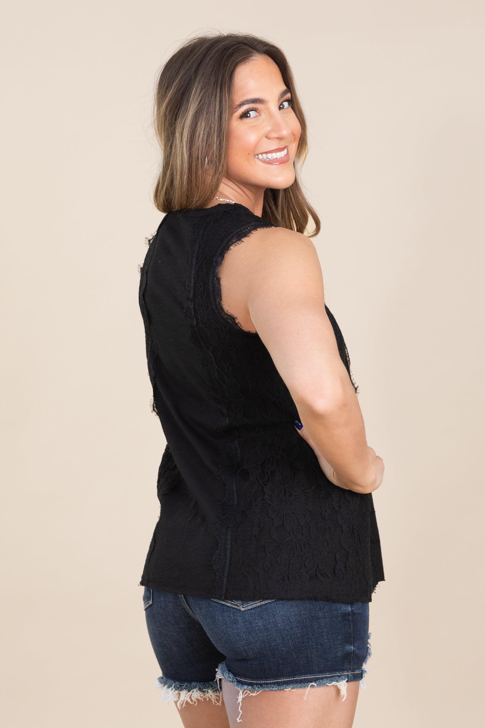 Black Vintage Knit Lacey Sleeveless Top Product Image