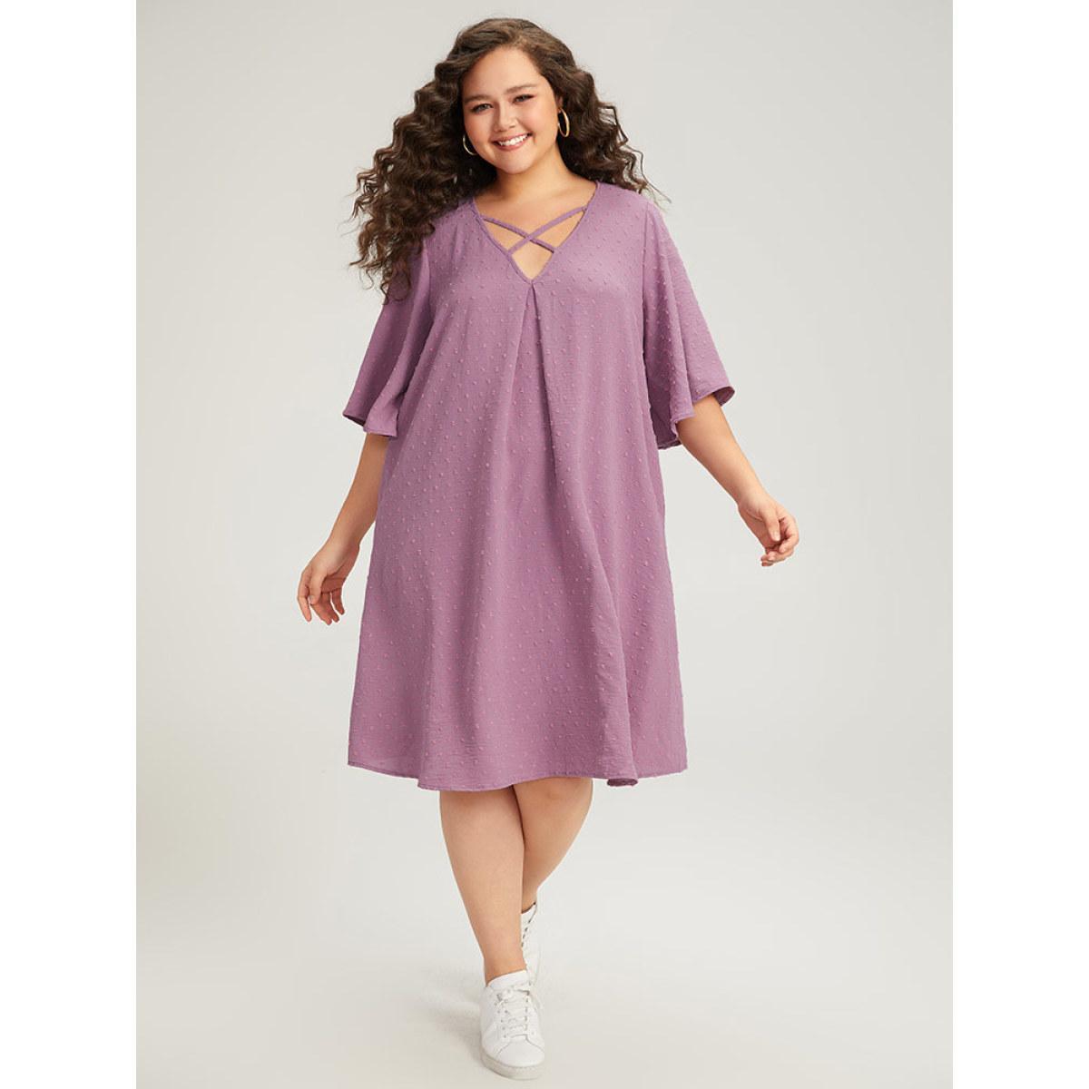 Plus Size Plain Textured Plicated Detail Crisscross Ruffle Sleeve Dress Lilac Women Casual Texture V-neck Half Sleeve Curvy Midi Dress BloomChic 28/5X Product Image