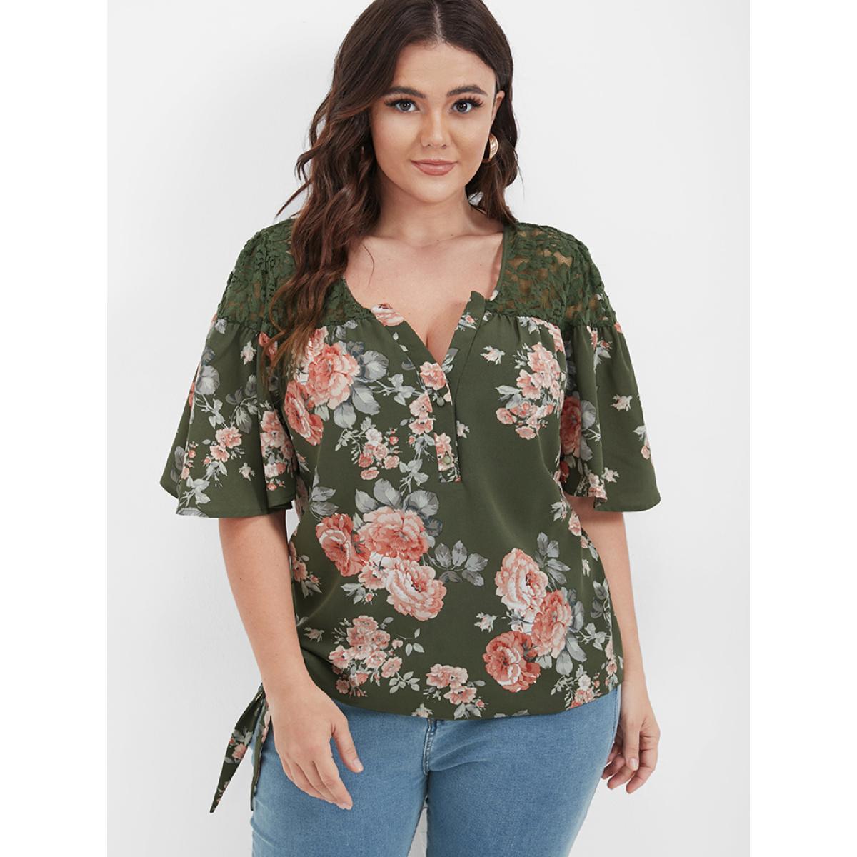 Plus Size Green Floral Contrast Lace Knotted Side Ruffled Blouse Women Elegant Half Sleeve V-neck Dailywear Blouses BloomChic 30/6X Product Image