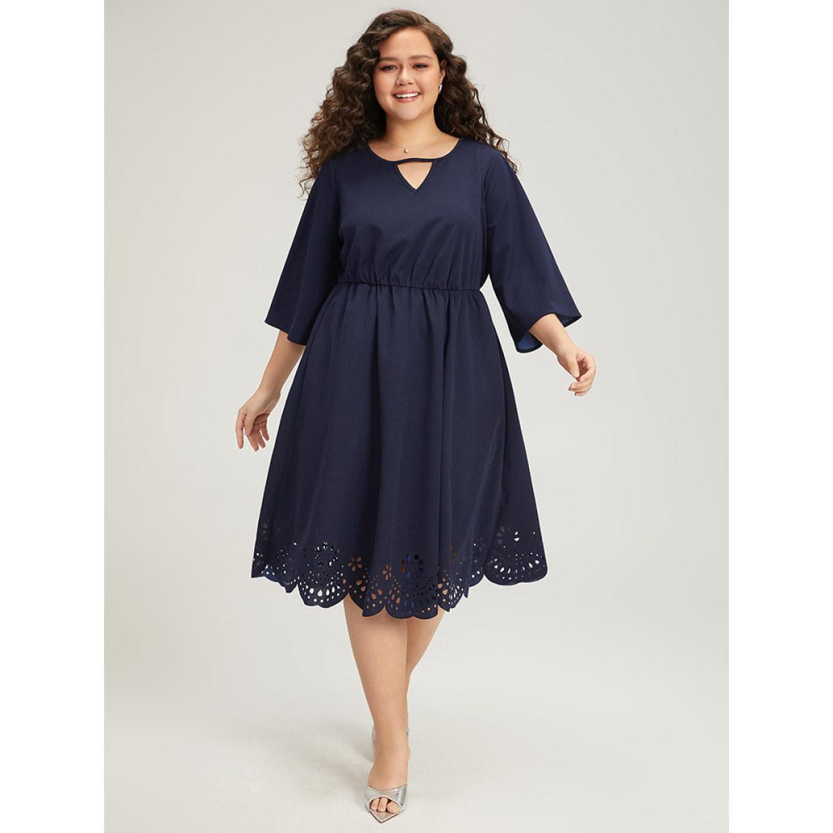 Plus Size Plain Keyhole Pocket Laser Cut Dress Navy Women Office Plain Notched collar Elbow-length sleeve Curvy Midi Dress BloomChic 18-20/2X Product Image