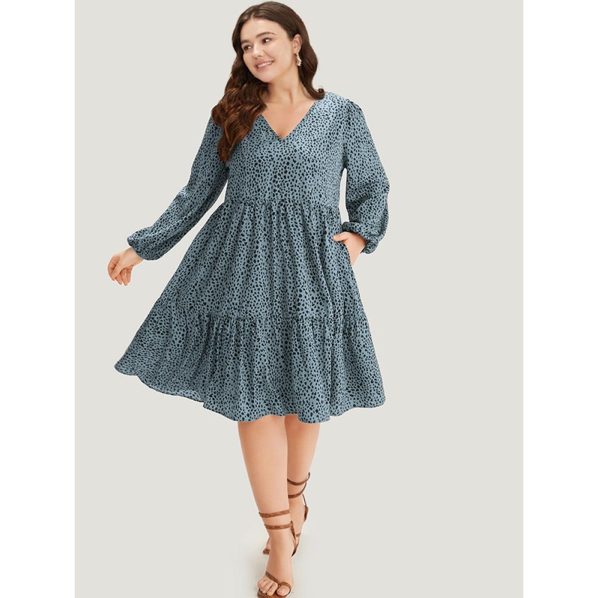Plus Size Leopard Lantern Sleeve V Neck Pocket Dress Chocolate Women Elegant Elastic cuffs V-neck Long Sleeve Curvy Midi Dress BloomChic 12/L Product Image