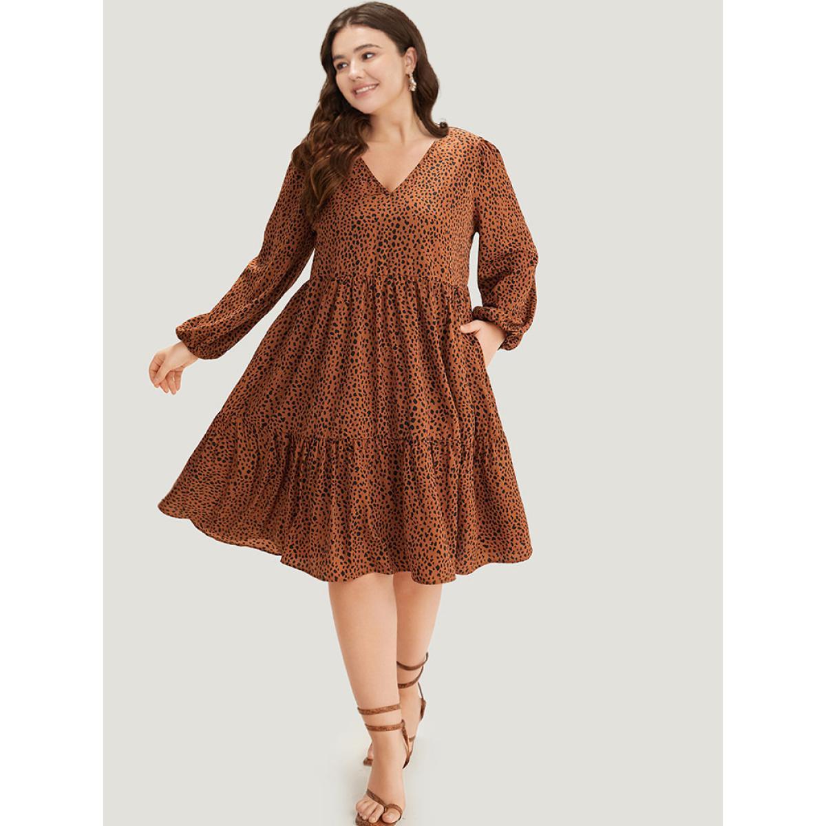 Plus Size Leopard Lantern Sleeve V Neck Pocket Dress Chocolate Women Elegant Elastic cuffs V-neck Long Sleeve Curvy Midi Dress BloomChic 12/L Product Image