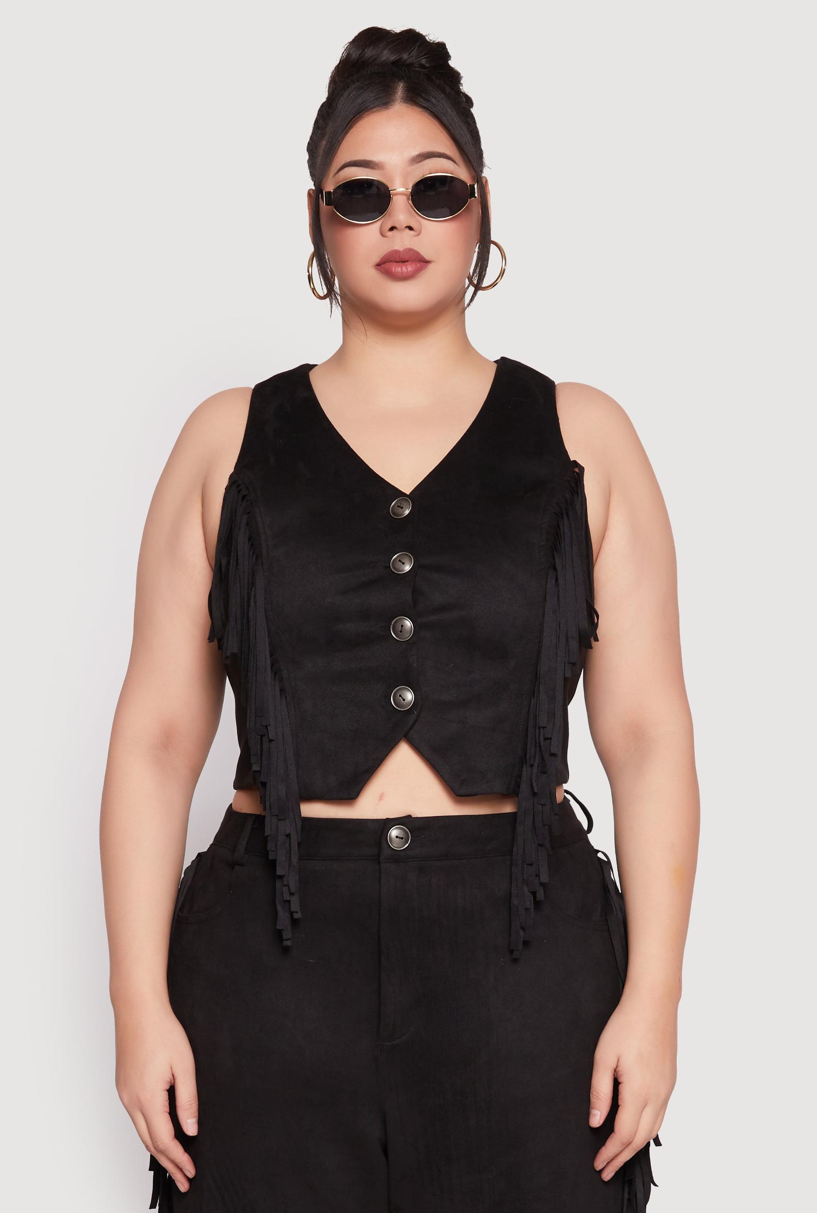 Womens Plus Size Faux Suede Fringe Vest Product Image