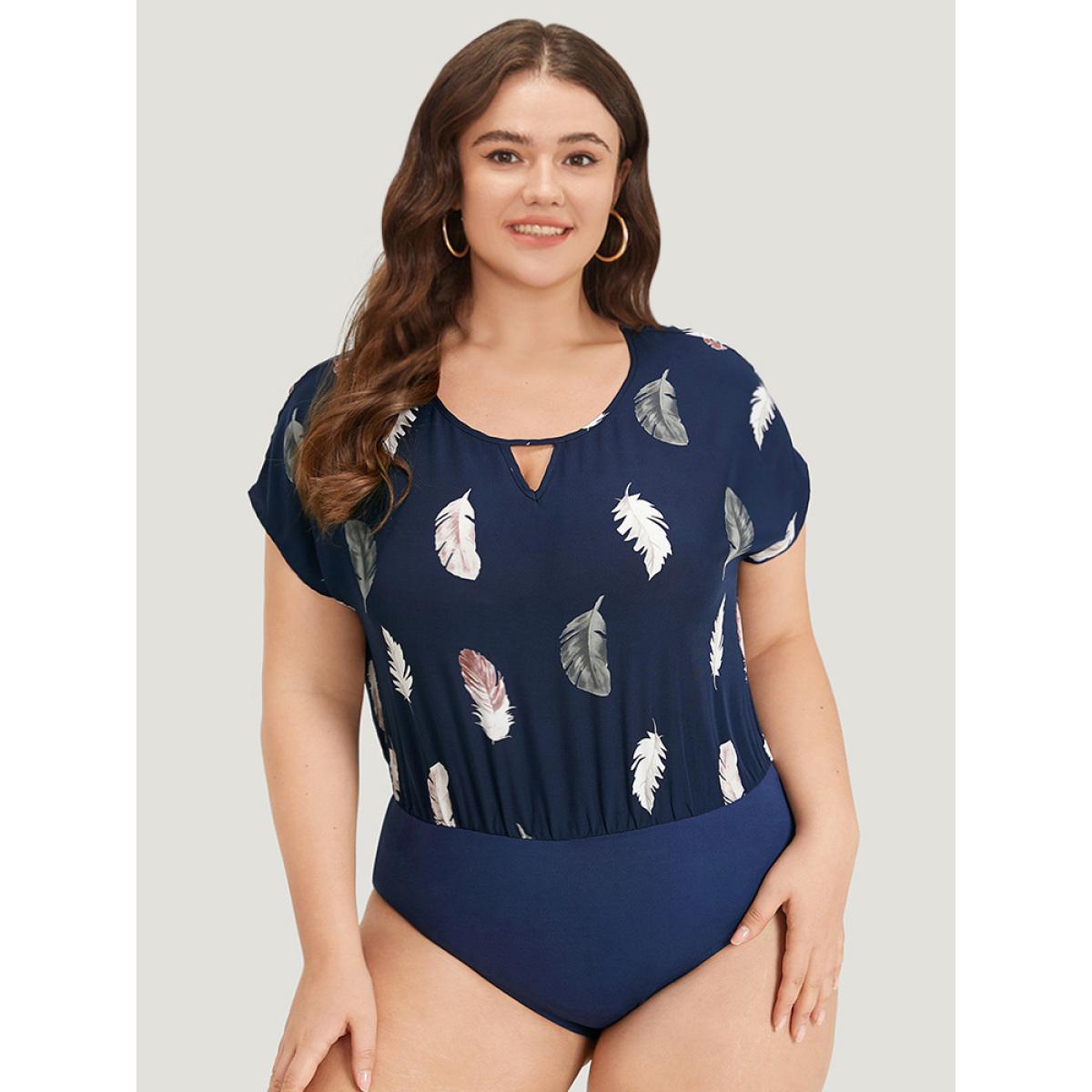 Plus Size Feather Print Keyhole Batwing Sleeve Bodysuit Women DarkBlue Feather Printed Bodysuits BloomChic 12/L Product Image